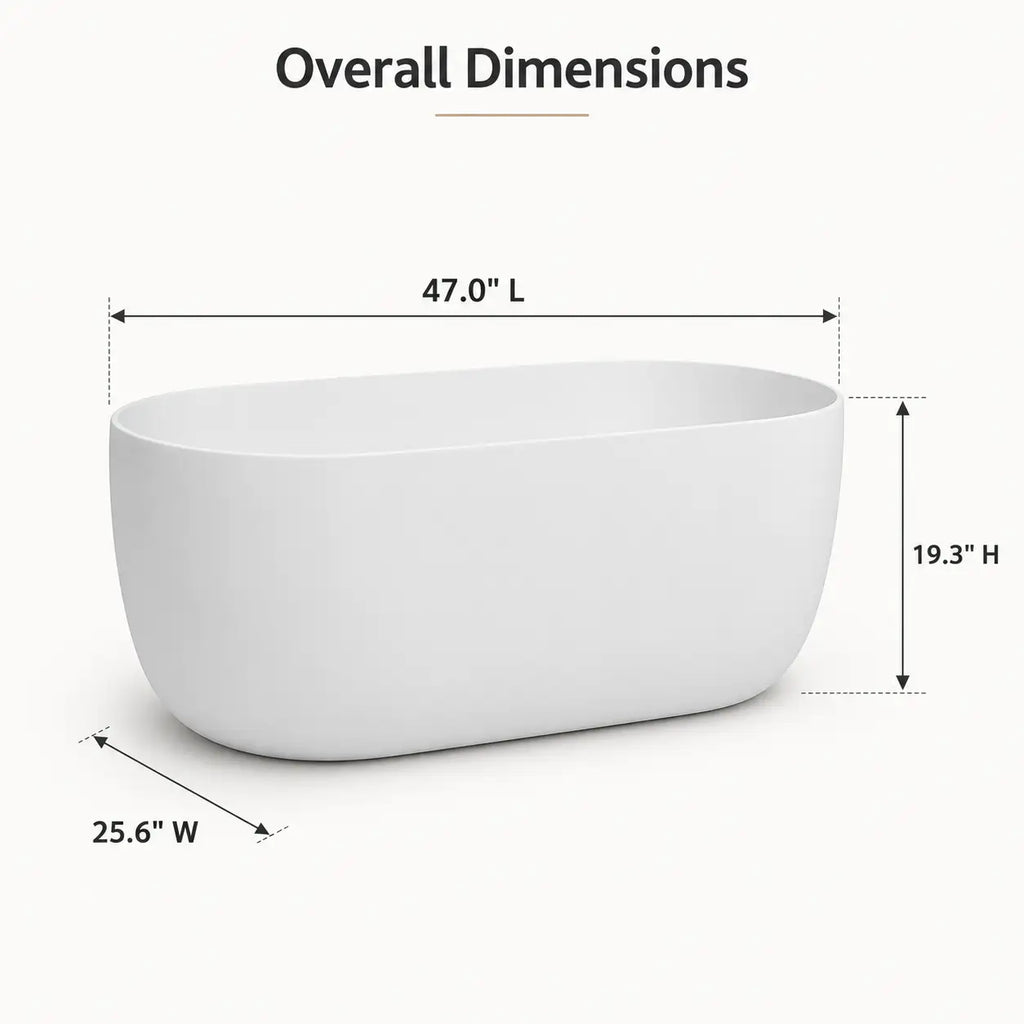 47" Compact Solid Surface Stone Resin Freestanding Soaking Bathtub with Pop-Up Drain and Overflow