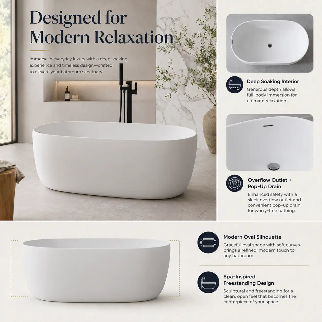 51" Modern Solid Surface Freestanding Soaking Bathtub with Overflow and Pop-Up Drain