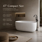 47" Compact Solid Surface Stone Resin Freestanding Soaking Bathtub with Pop-Up Drain and Overflow