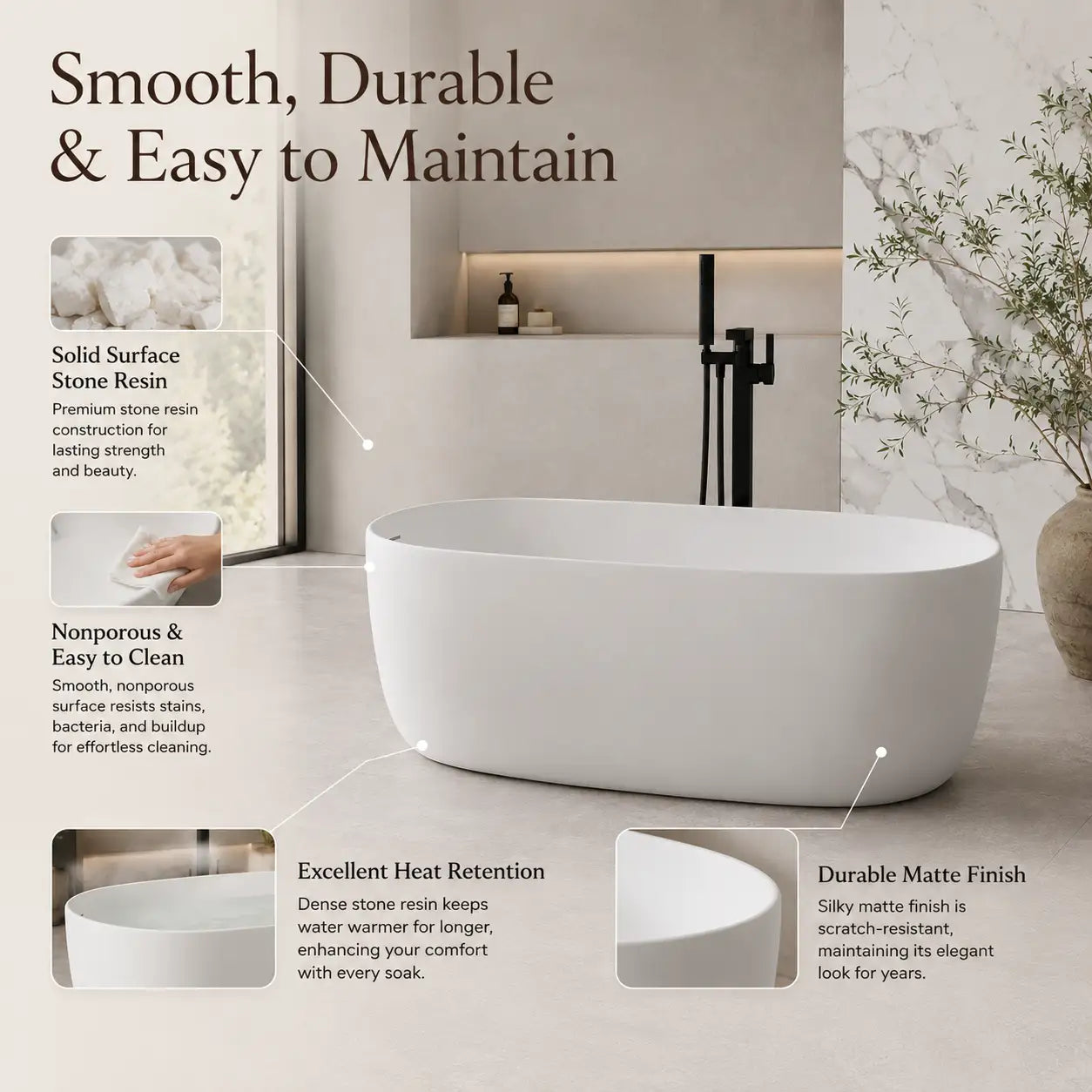 51" Modern Solid Surface Freestanding Soaking Bathtub with Overflow and Pop-Up Drain