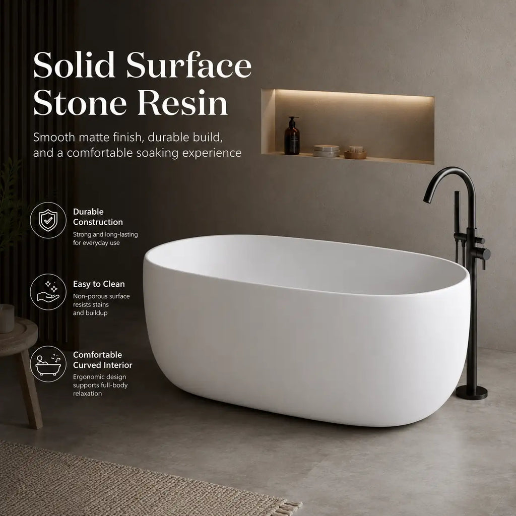 47" Compact Solid Surface Stone Resin Freestanding Soaking Bathtub with Pop-Up Drain and Overflow