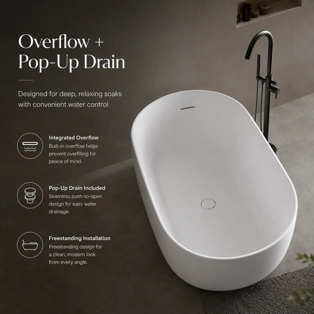 47" Compact Solid Surface Stone Resin Freestanding Soaking Bathtub with Pop-Up Drain and Overflow