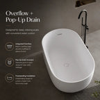 47" Compact Solid Surface Stone Resin Freestanding Soaking Bathtub with Pop-Up Drain and Overflow