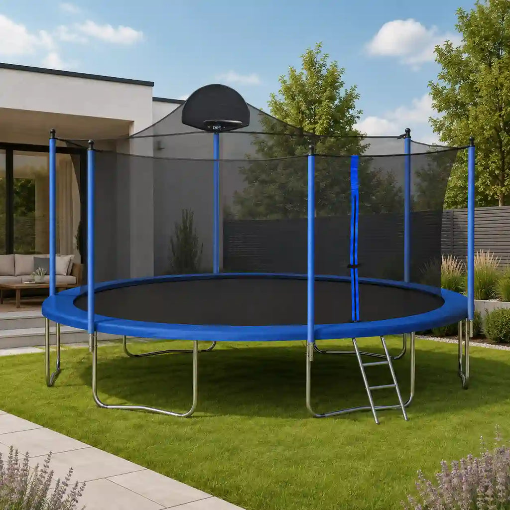 14' Outdoor Trampoline with Basketball Hoop, Ladder and Safety Enclosure