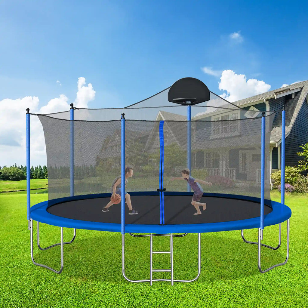 14' Outdoor Trampoline with Basketball Hoop, Ladder and Safety Enclosure