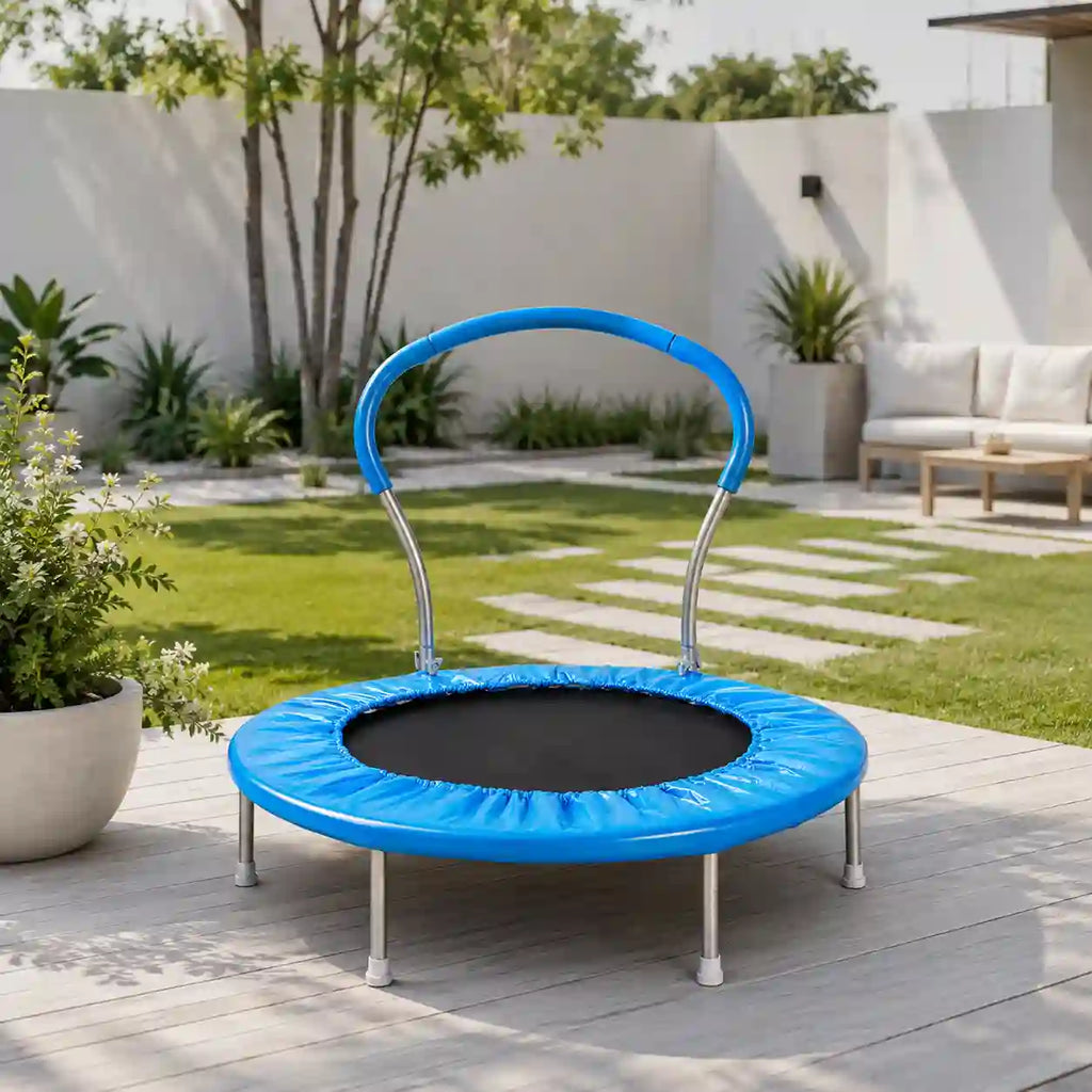 36" Blue Mini Trampoline with Safety Handle and Padded PVC Frame Cover