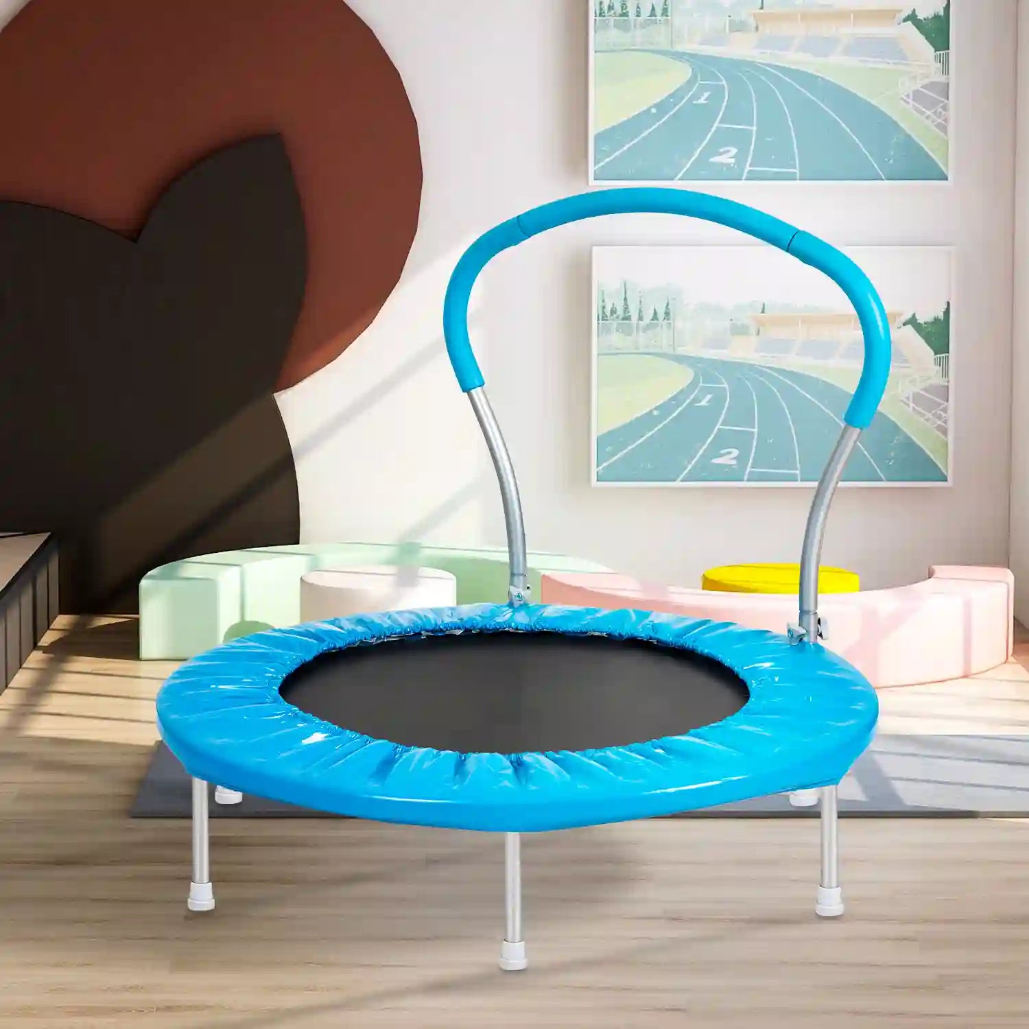 36" Blue Mini Trampoline with Safety Handle and Padded PVC Frame Cover