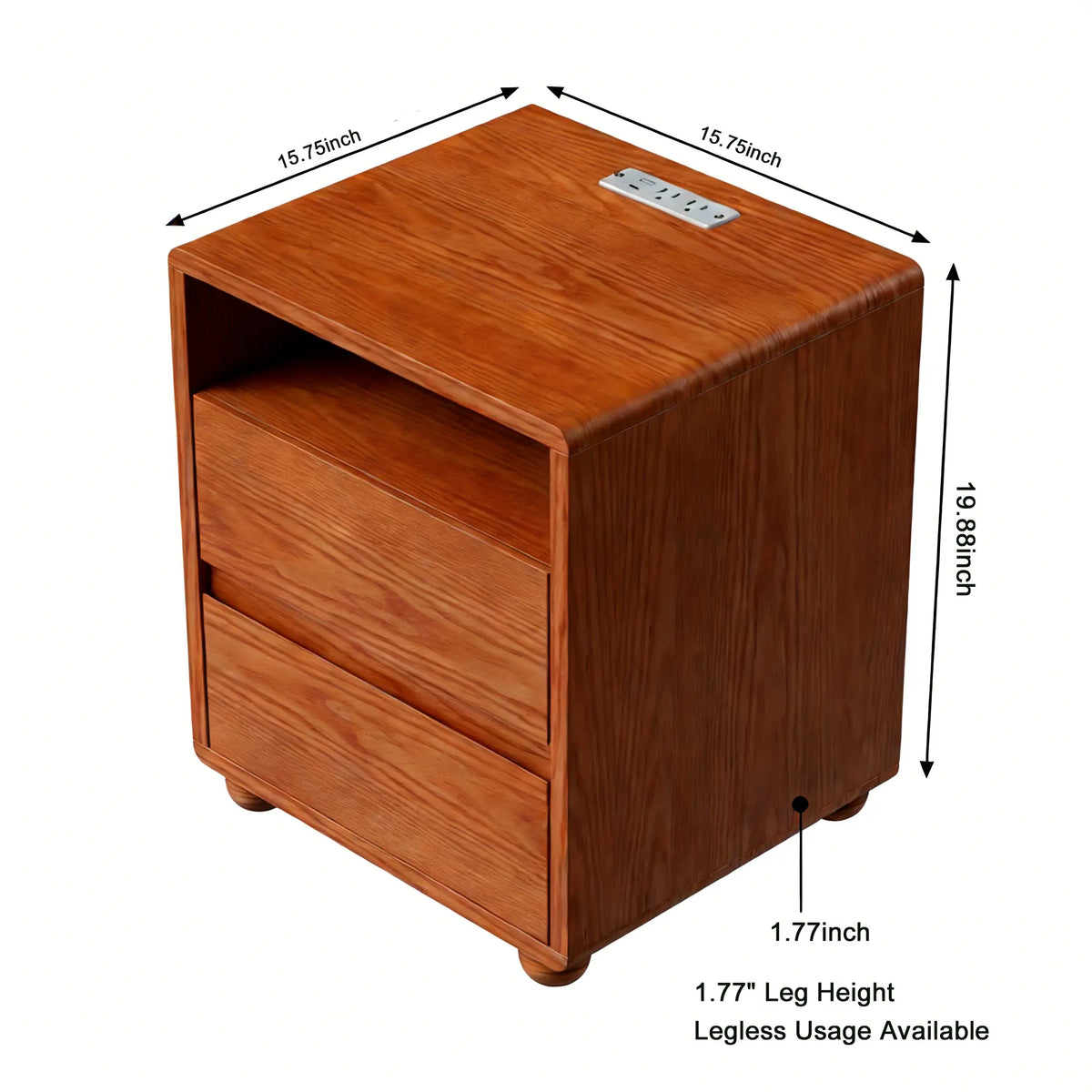 Wood nightstand with drawer front, rounded corners, charging outlet on top