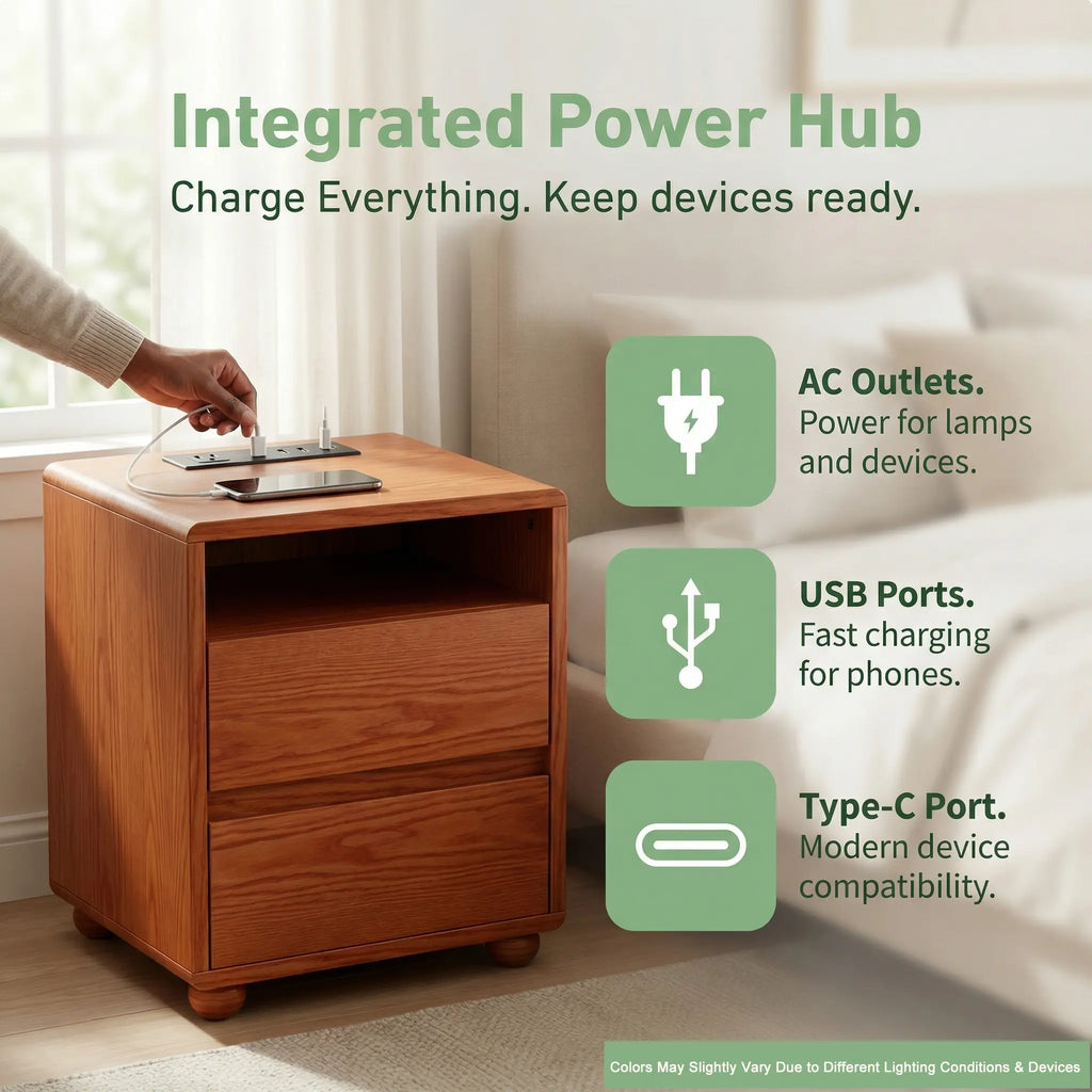 Wood nightstand with integrated power hub, AC outlets and USB ports on top