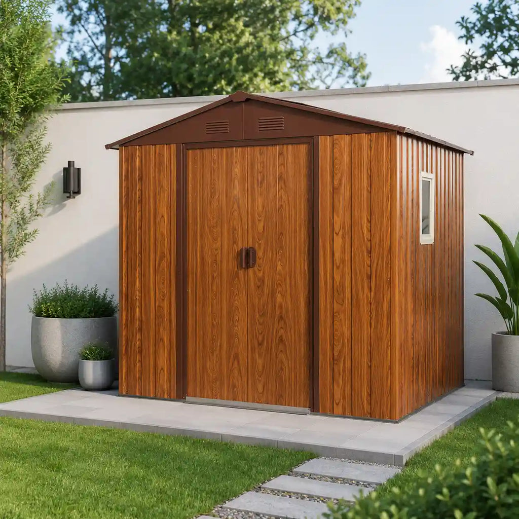 6' × 4' Wood-Grain Metal Outdoor Storage Shed with Window, Lockable Door and Foundation Frame