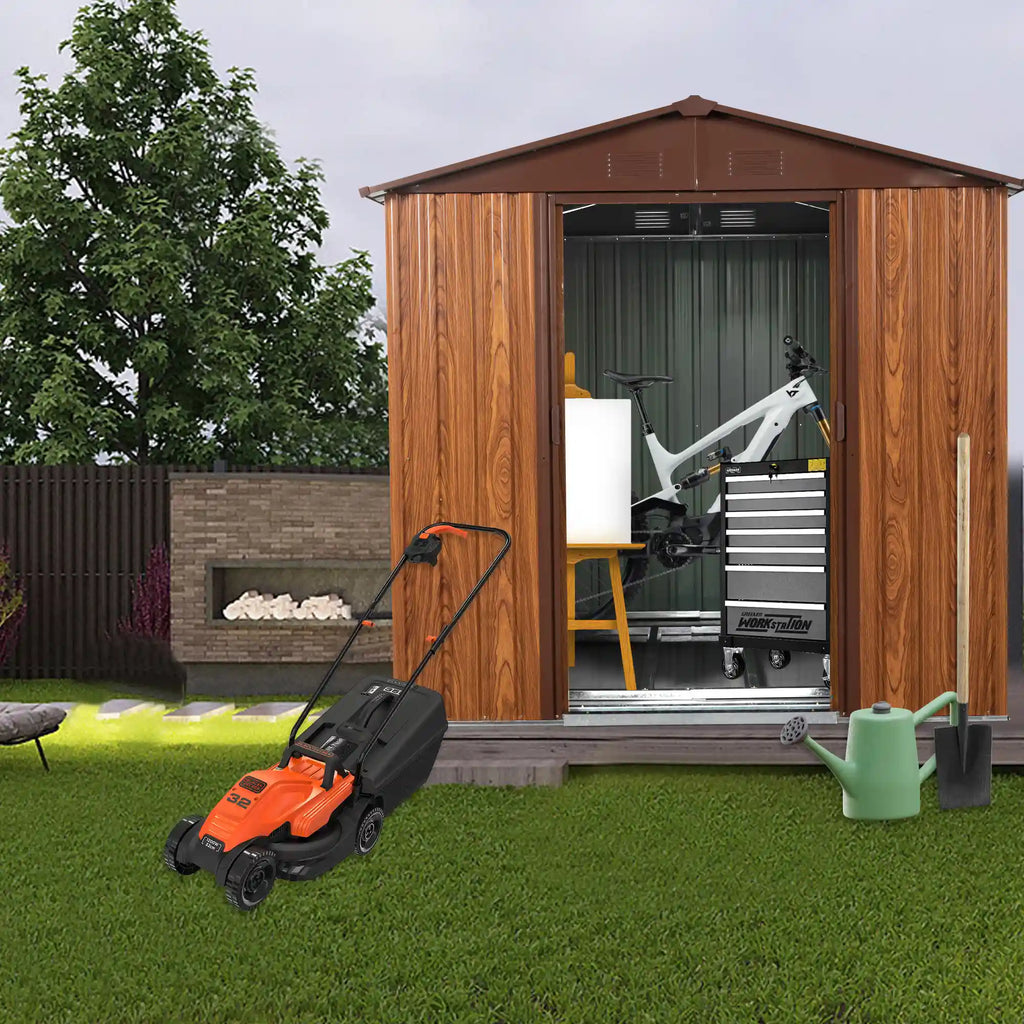 6' × 4' Wood-Grain Metal Outdoor Storage Shed with Window, Lockable Door and Foundation Frame