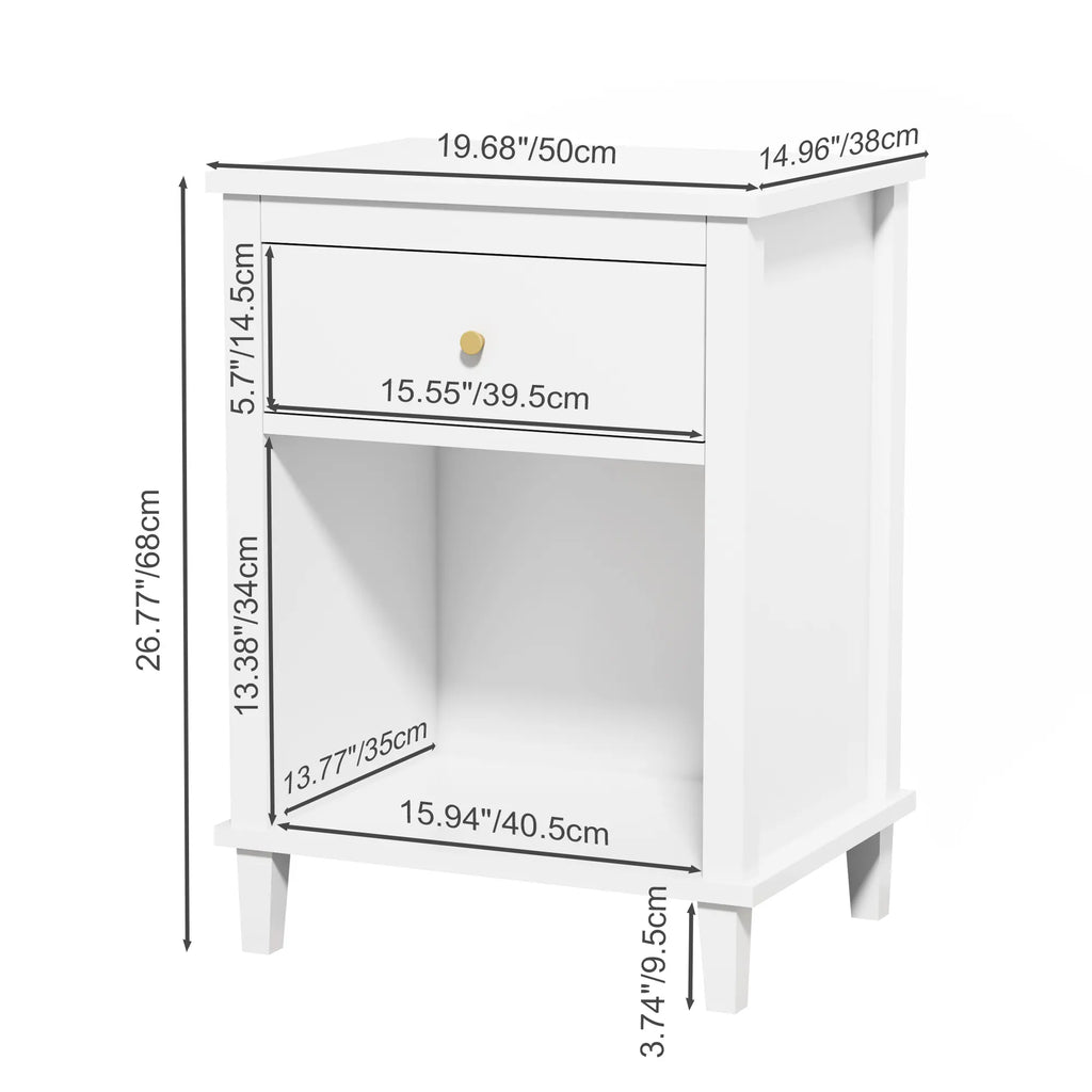26" Wooden Nightstand with Drawer, Open Storage Shelf and Gold-Tone Handle