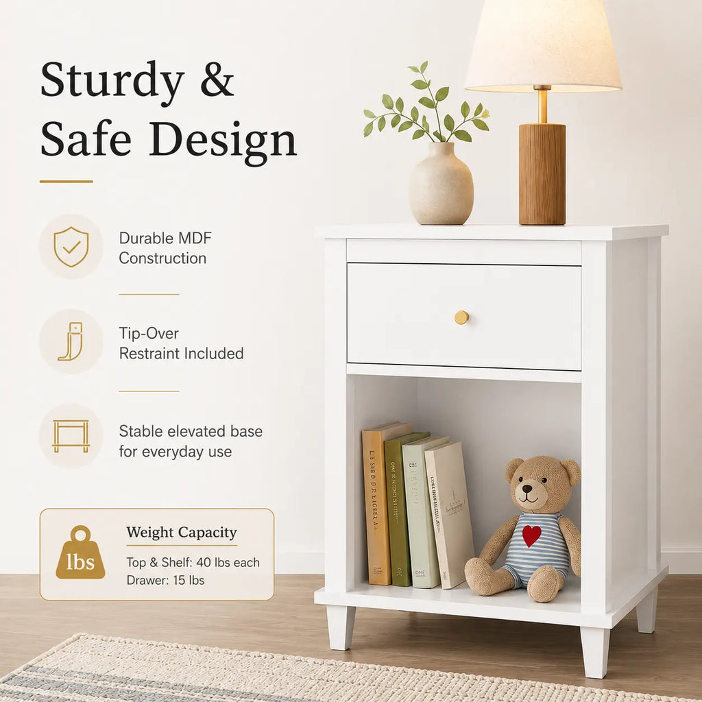 26" Wooden Nightstand with Drawer, Open Storage Shelf and Gold-Tone Handle