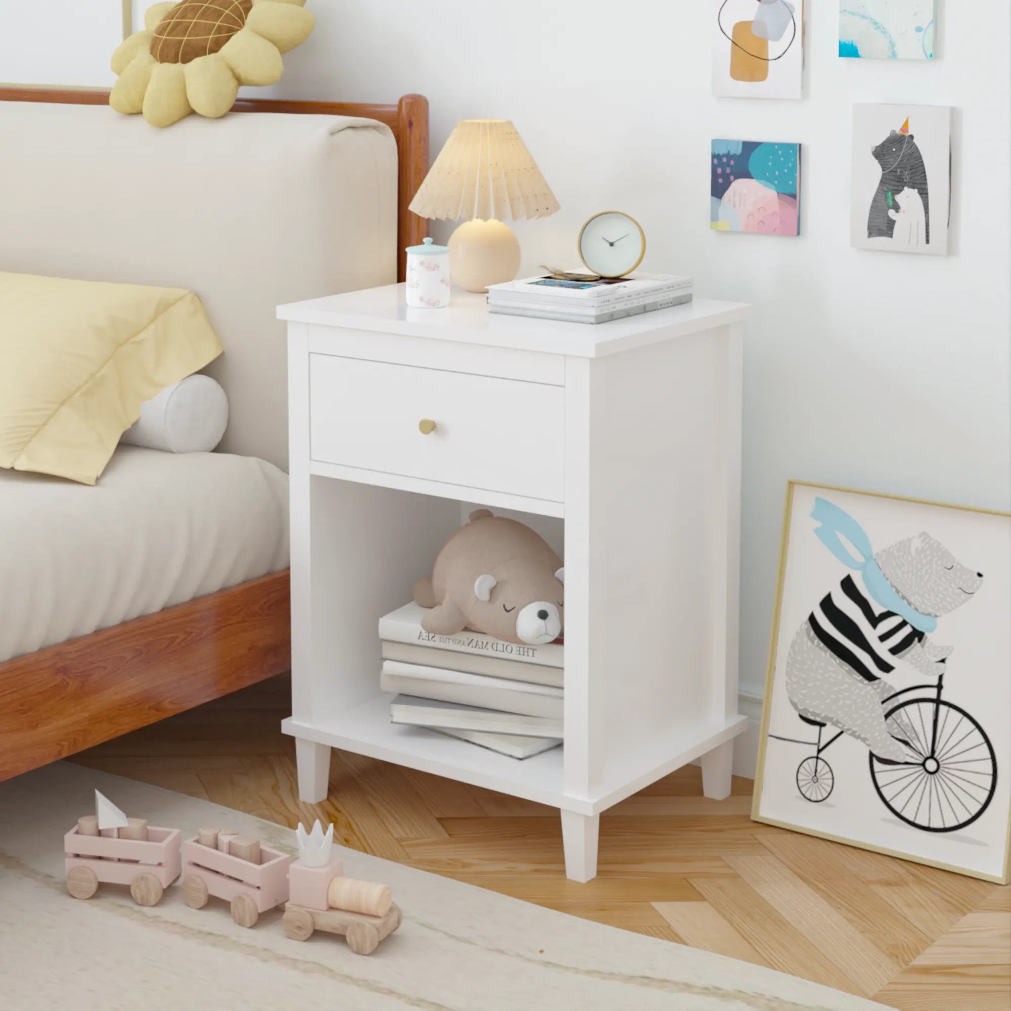 26" Wooden Nightstand with Drawer, Open Storage Shelf and Gold-Tone Handle