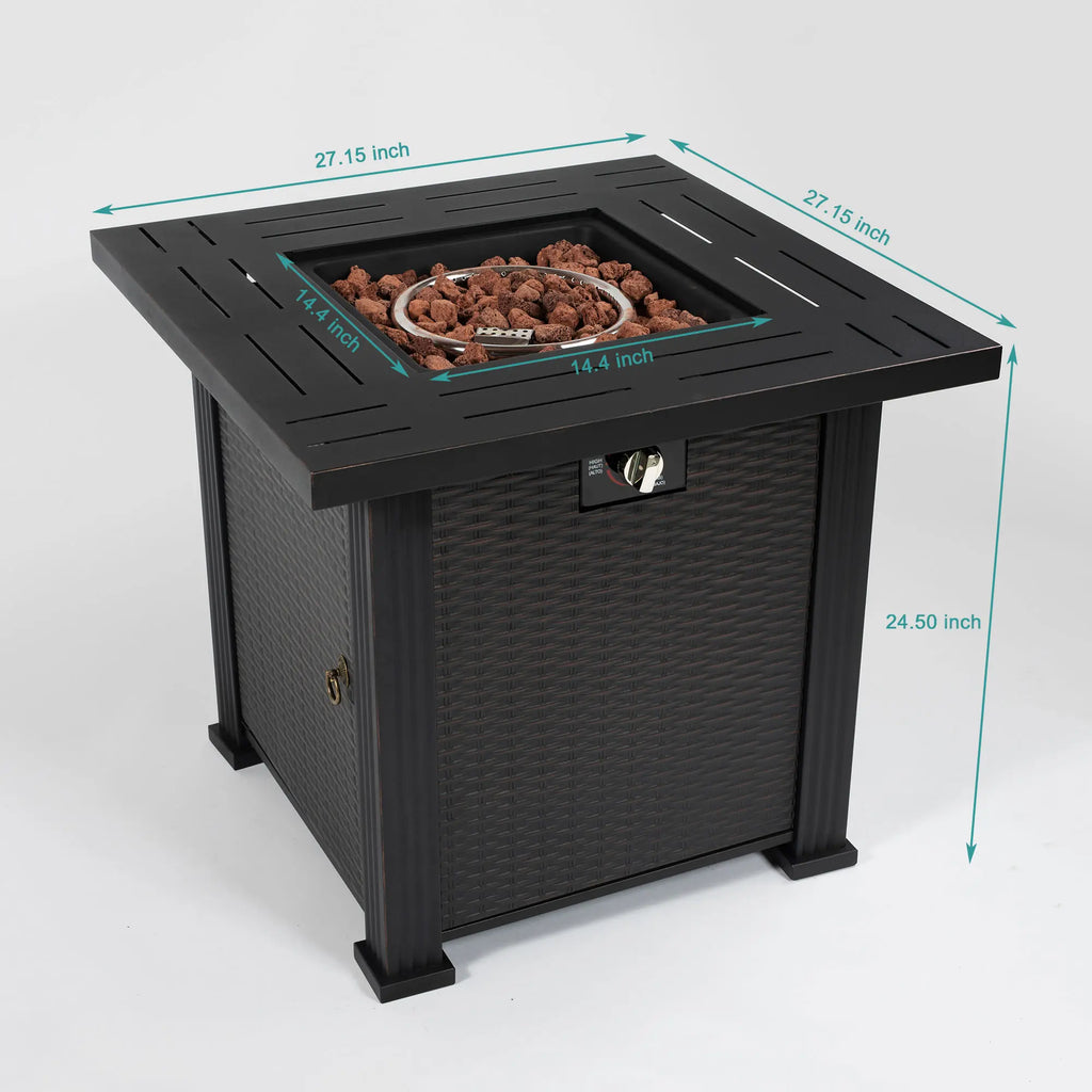 Outdoor propane gas fire pit table, open burner with control knob on front panel