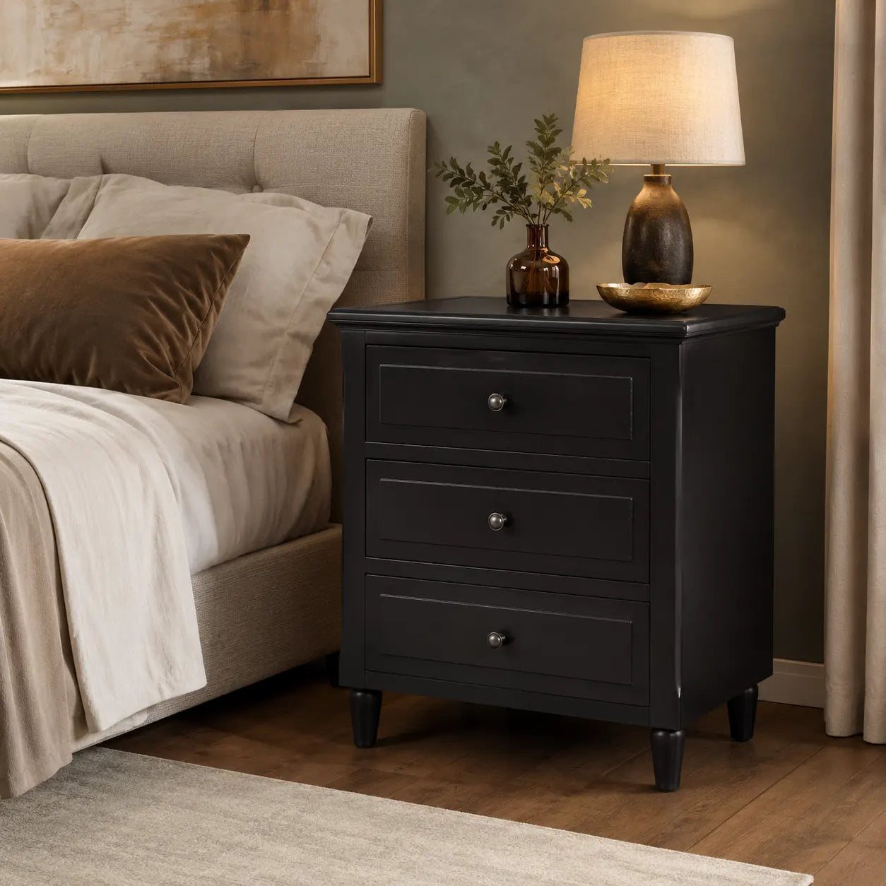 28" 3-Drawer Nightstand with Smooth-Glide Drawers and Wood Legs