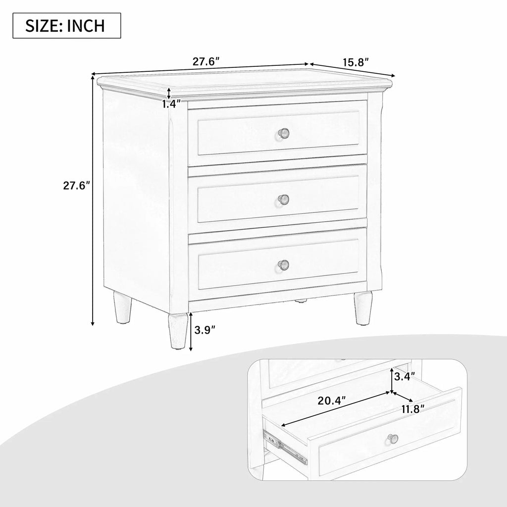 28" 3-Drawer Nightstand with Smooth-Glide Drawers and Wood Legs