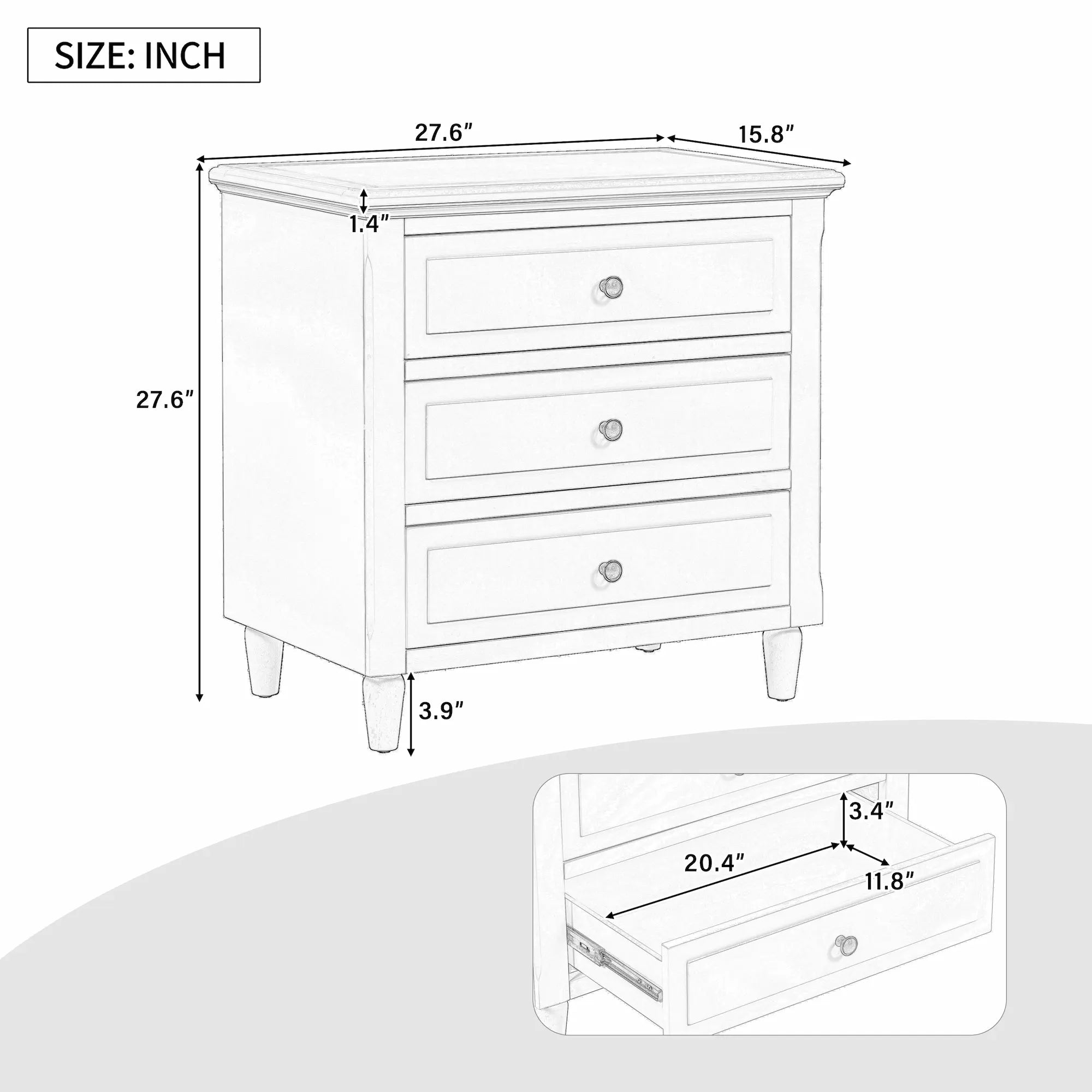 28" 3-Drawer Nightstand with Smooth-Glide Drawers and Wood Legs