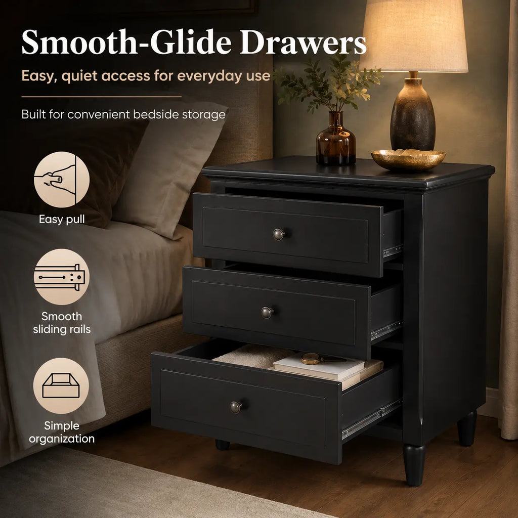 28" 3-Drawer Nightstand with Smooth-Glide Drawers and Wood Legs