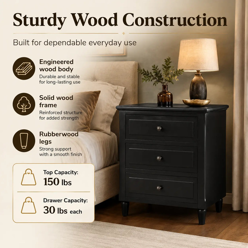 28" 3-Drawer Nightstand with Smooth-Glide Drawers and Wood Legs