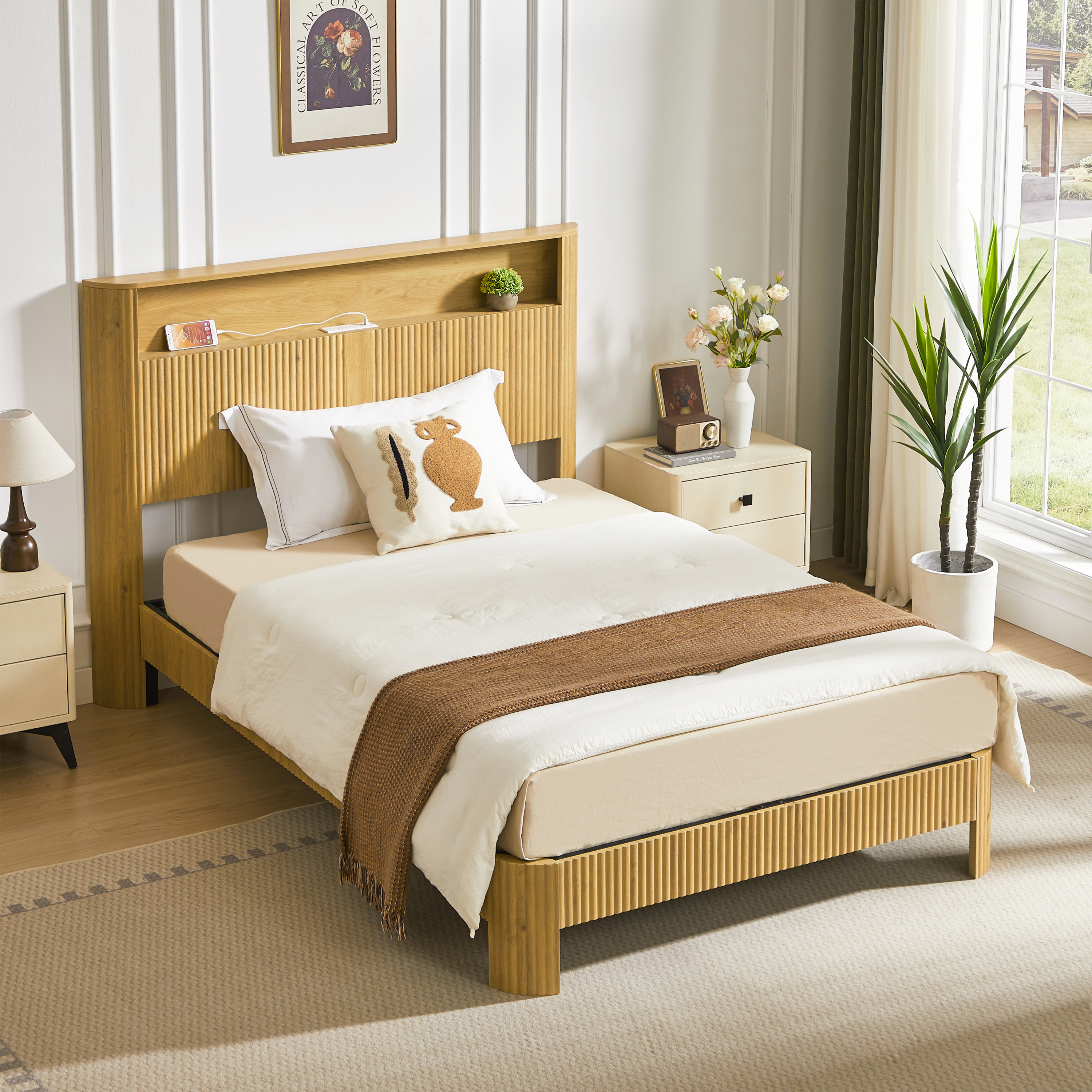 Full Extra Long(Full XL) Size bed frame with storage headboard, built-in charging station, wavy curved lines design, silent operation, metal support, Natural Secondary image