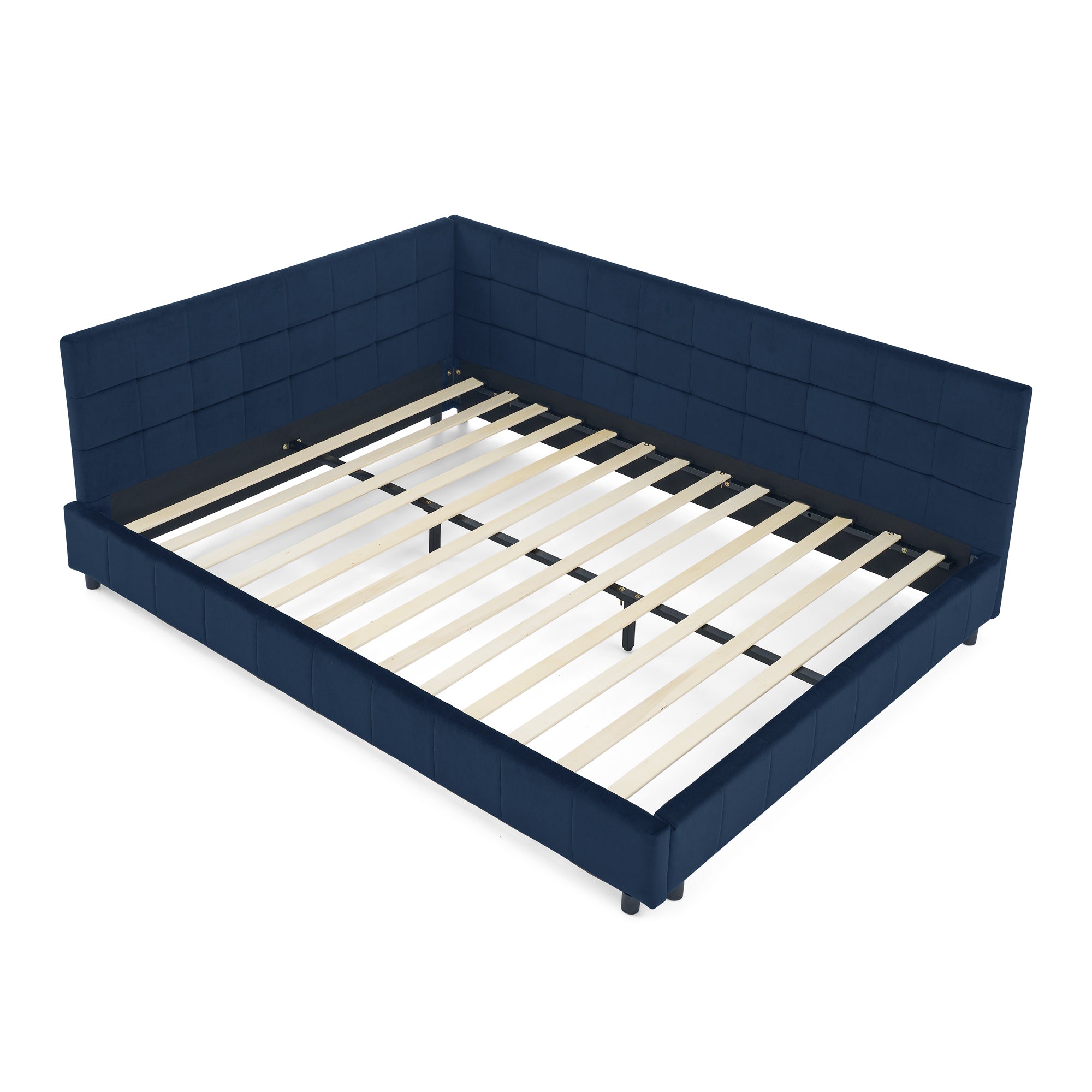 Mid-Century Upholstered Tufted Queen Size Bed Frame with Backrest and Armrests, Velvet, Dark Blue Main image