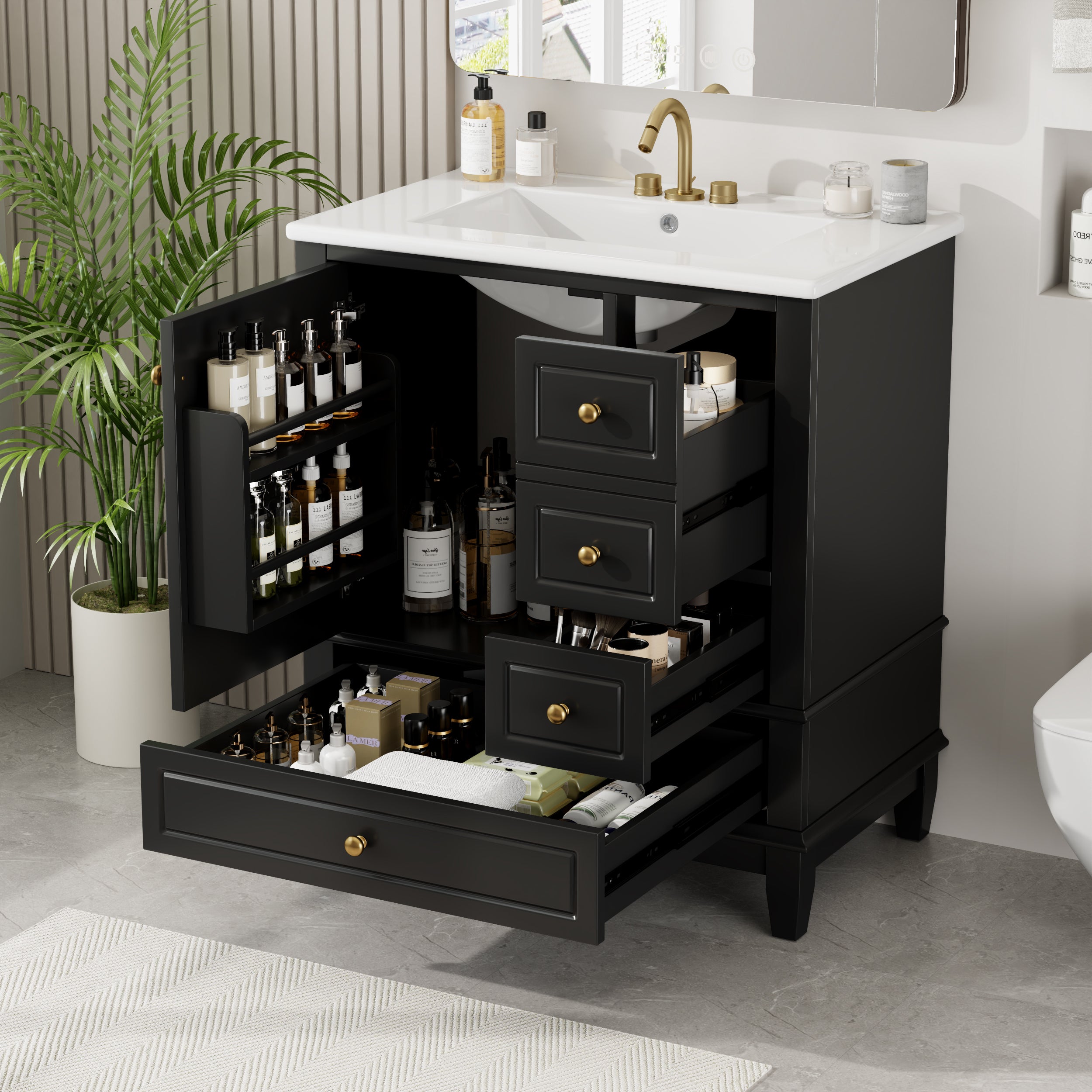 30' Bathroom Vanity with Sink, One Door with Shelf and Three Drawers, Soft Close Door, Black Secondary image