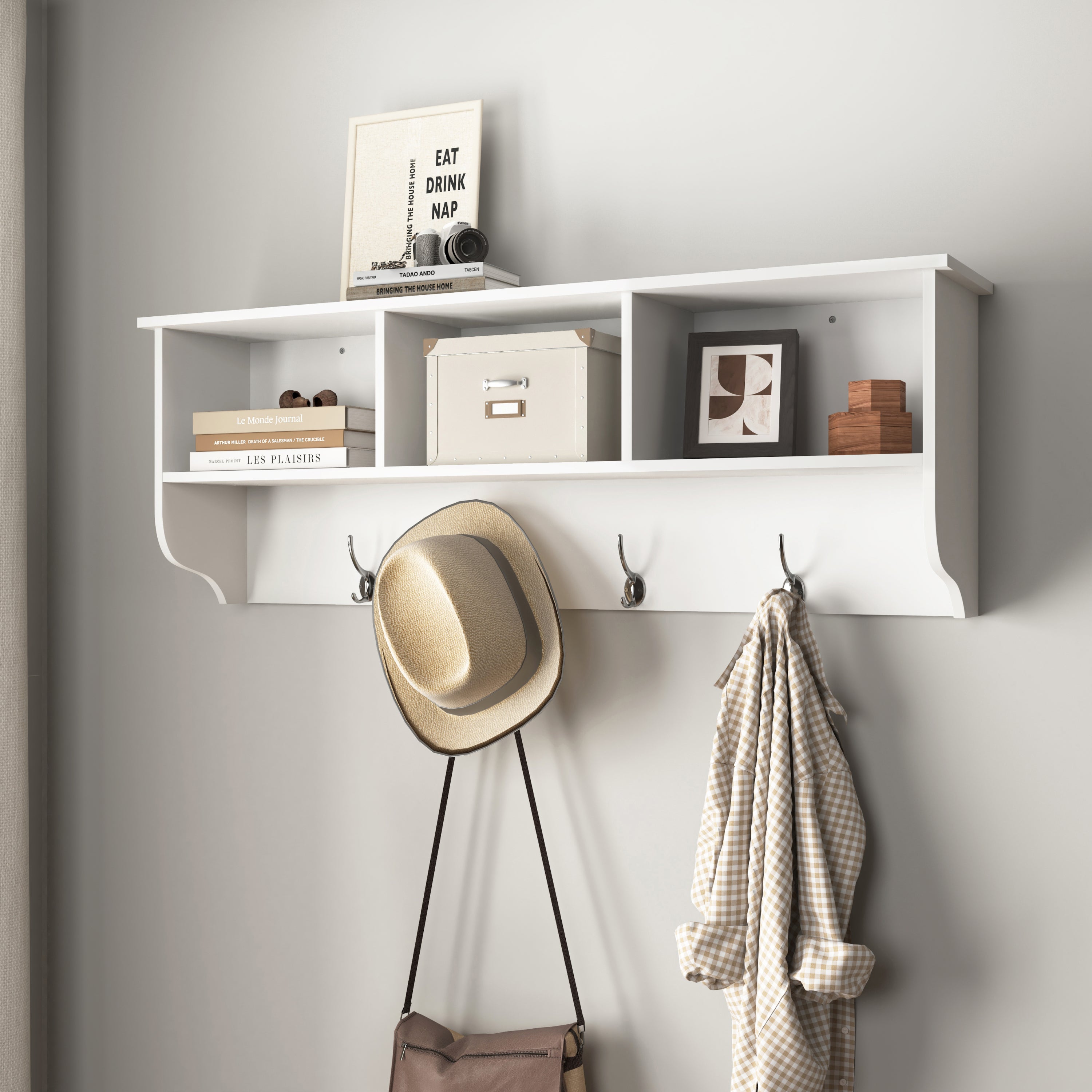 White Entryway Wall Mounted Coat Rack with 4 Dual Hooks Living Room Wooden Storage Shelf Secondary image