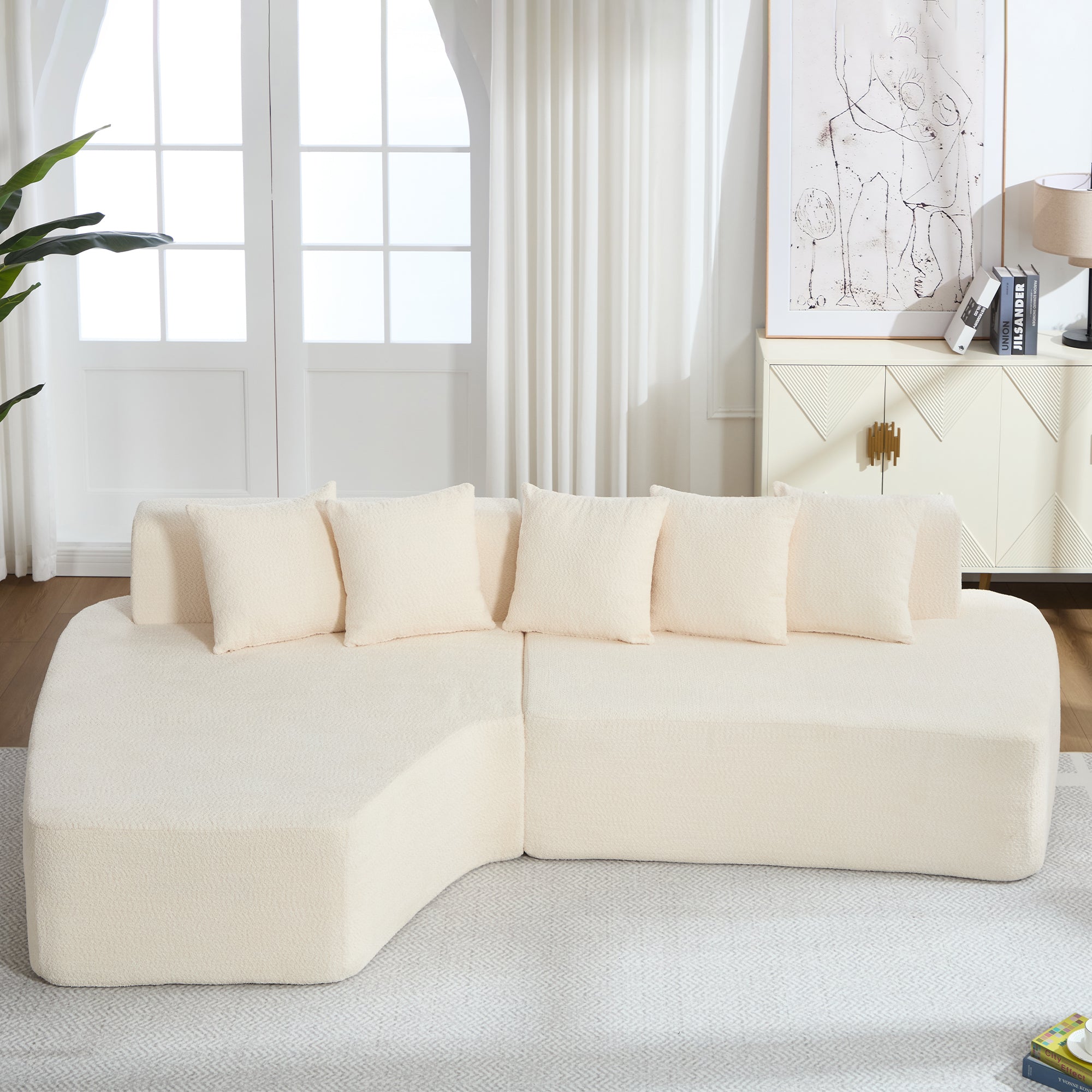 Compression Sectional Couch with Comfy Chaise,Irregular L-shaped compression sofa with deep seat, Minimalist Modular Couches Sleeper for Living Room Bedroom Apartment Lounge-IVORY Main image