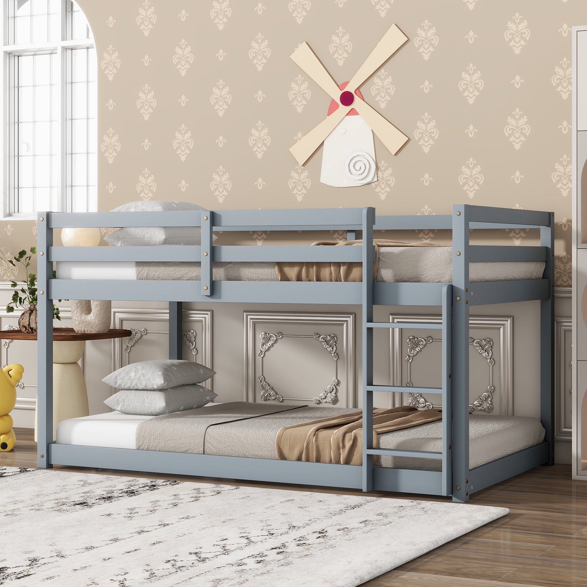 Solid Wooden, Solid Rubber Wooden Twin over Twin Floor Bunk Bed with Ladder, with Bed Platform of Strengthened Slats , Grey Secondary image