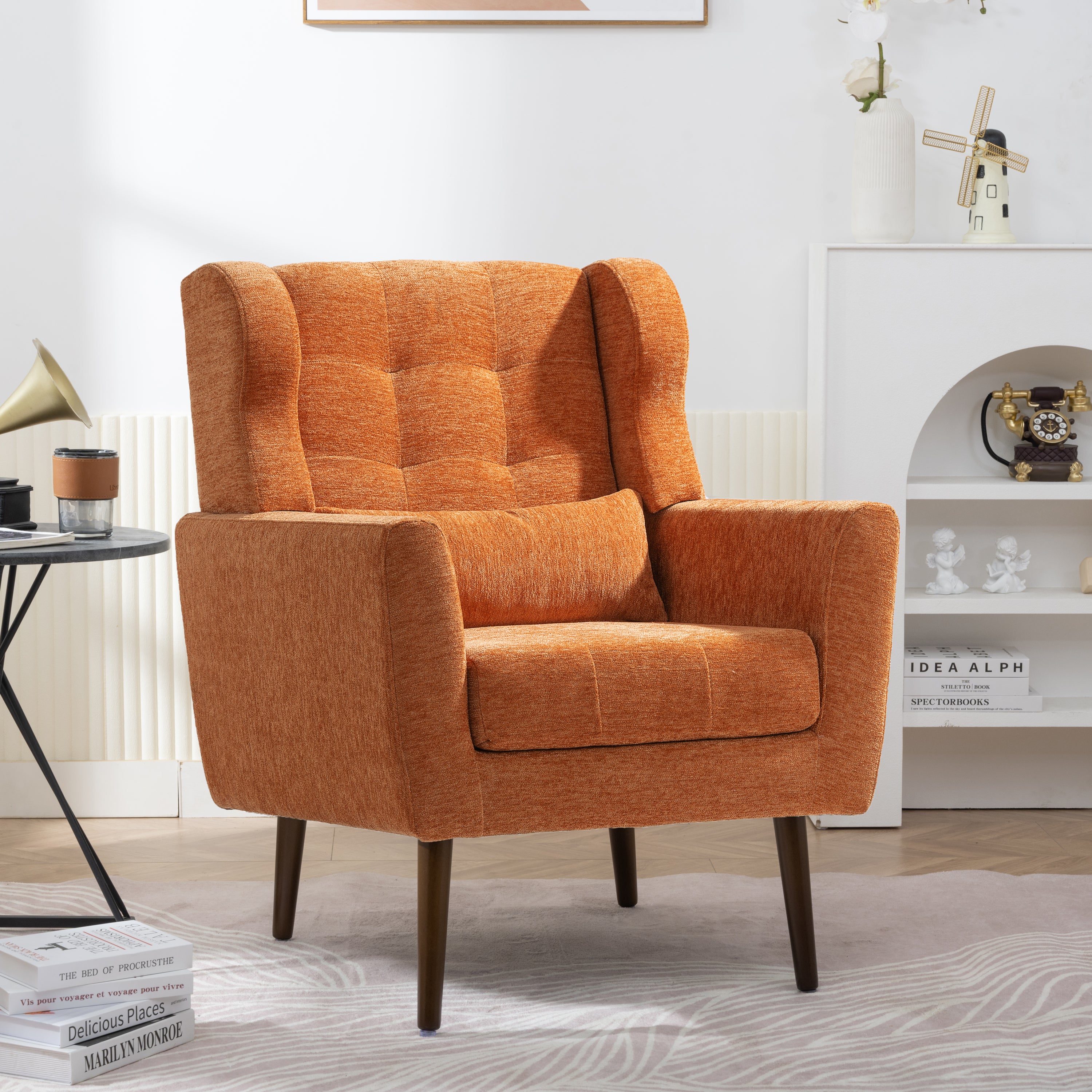 Modern Accent Chair,Chenille Arm Chairs for Living Room,Upholstered Mordern Armchair,Comfy Soft Padded Lounge Chair in Small Space, Bedroom, w/Pillow, Solid Wood Leg (Orange) Main image