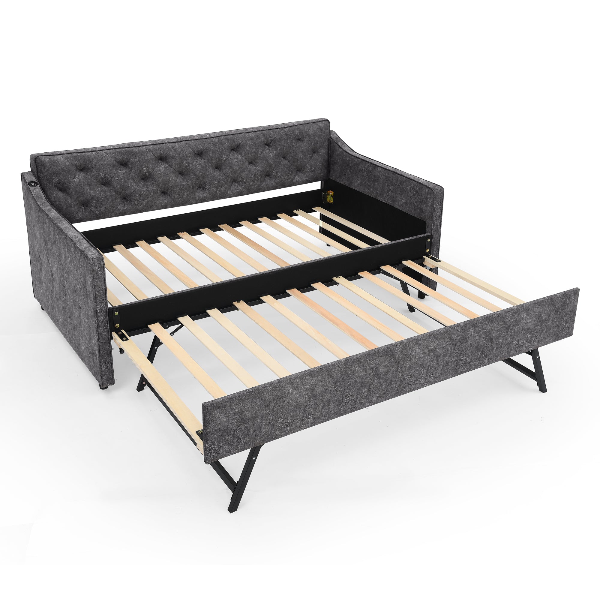 Grey Velvet Mid-Century Style Twin Upholstered Daybed with Pop-Up Trundle and USB Charging Armrest Main image