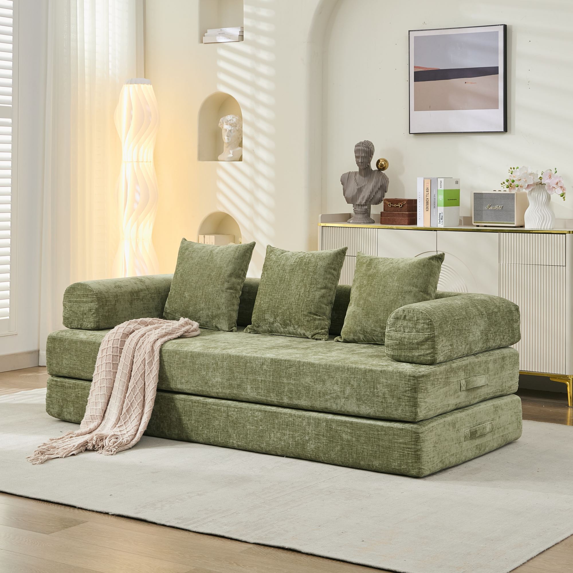 Comfy Convertible Folding Mattress Couch, Floor Sofa Bed, Chenille Floor Sofa with Armrest, Floor Sofa Lounge Couch for Living Room Bedroom Lounge Studio-Green Main image