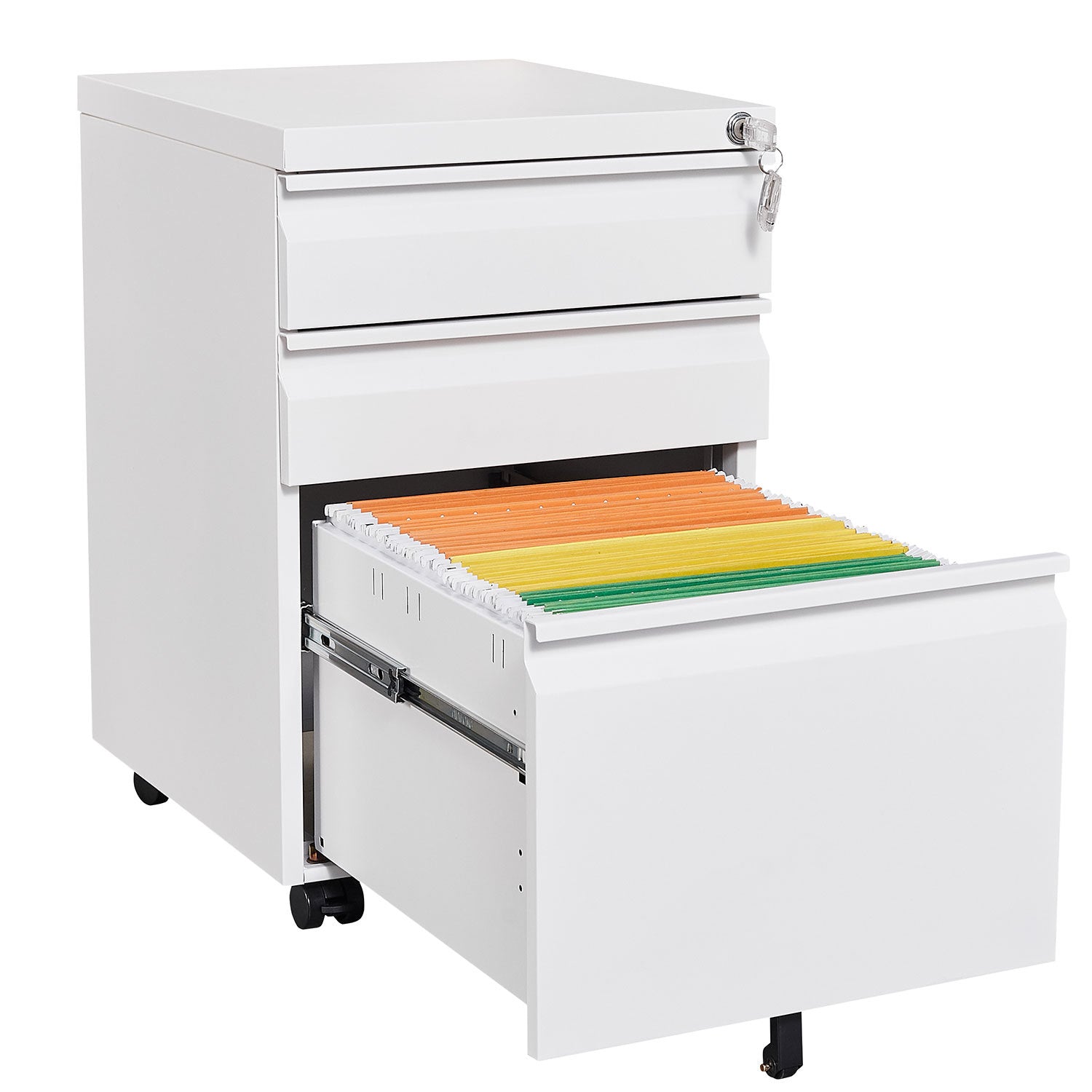 Modern 3-Drawer Mobile Filing Cabinet with Lock, White Metal Office Storage, Legal/Letter Size Main image