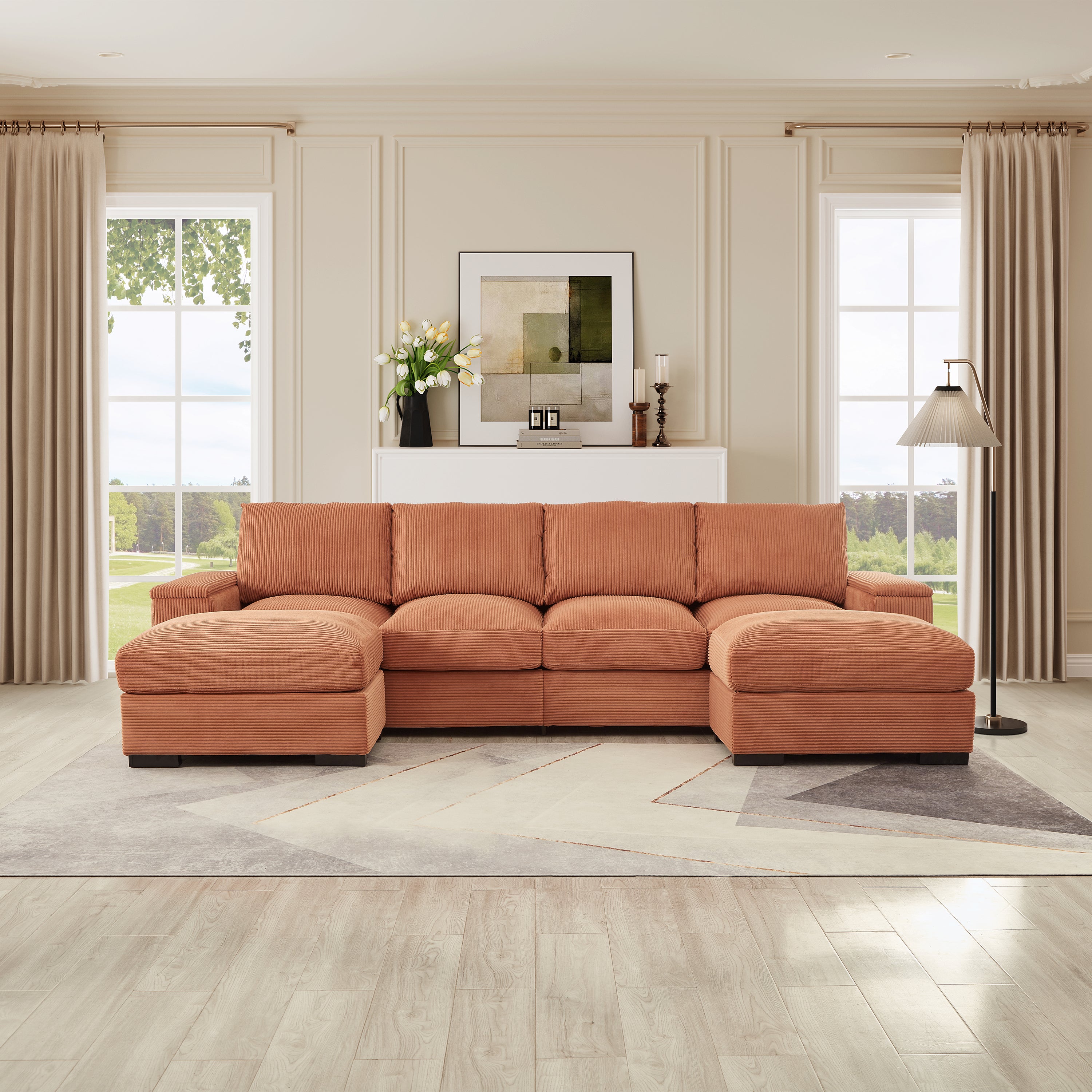 122'L Sectional Sofa Deep Seat Sofa Couch with Ottomans, Corduroy Sofa Sleeper for Living Room Modern, Small Space, Easy Assembly(4-Seat & 2-Ottoman,Orange) Secondary image