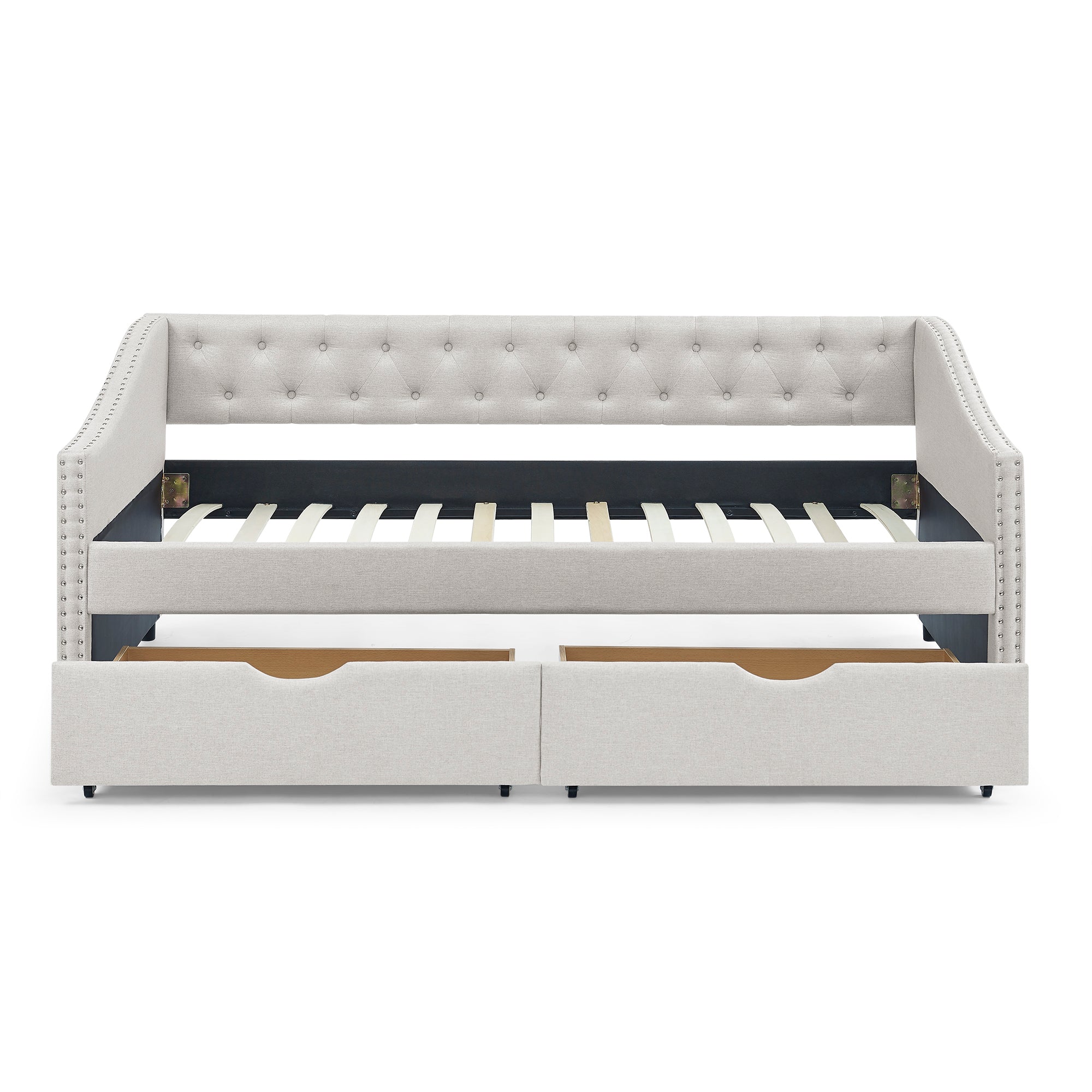 Mid-Century Twin Size Daybed with Drawers, Button Tufted Back and Copper Nail Trimmed Waved Arms, Beige Linen Upholstery, 81.5''x41''x30.5'' Main image