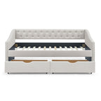 Mid-Century Twin Size Daybed with Drawers, Button Tufted Back and Copper Nail Trimmed Waved Arms, Beige Linen Upholstery, 81.5''x41''x30.5''