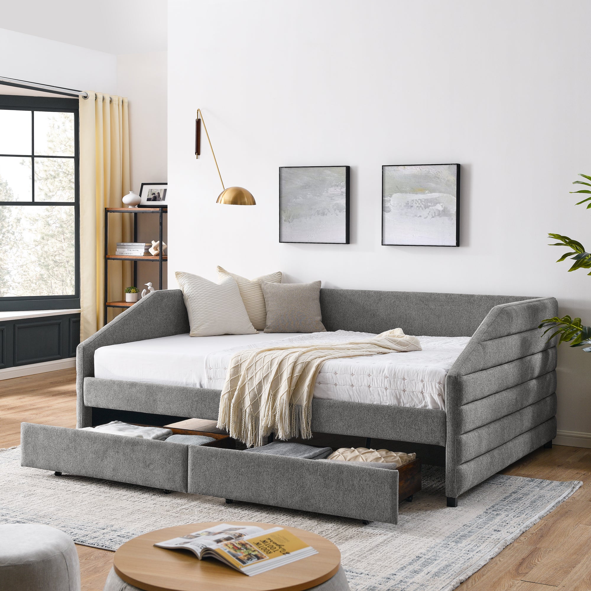Upholstered Tufted Queen Size Daybed with Two Drawers Trundle, Linen Fabric, Grey, 88'x64.5'x34' Secondary image