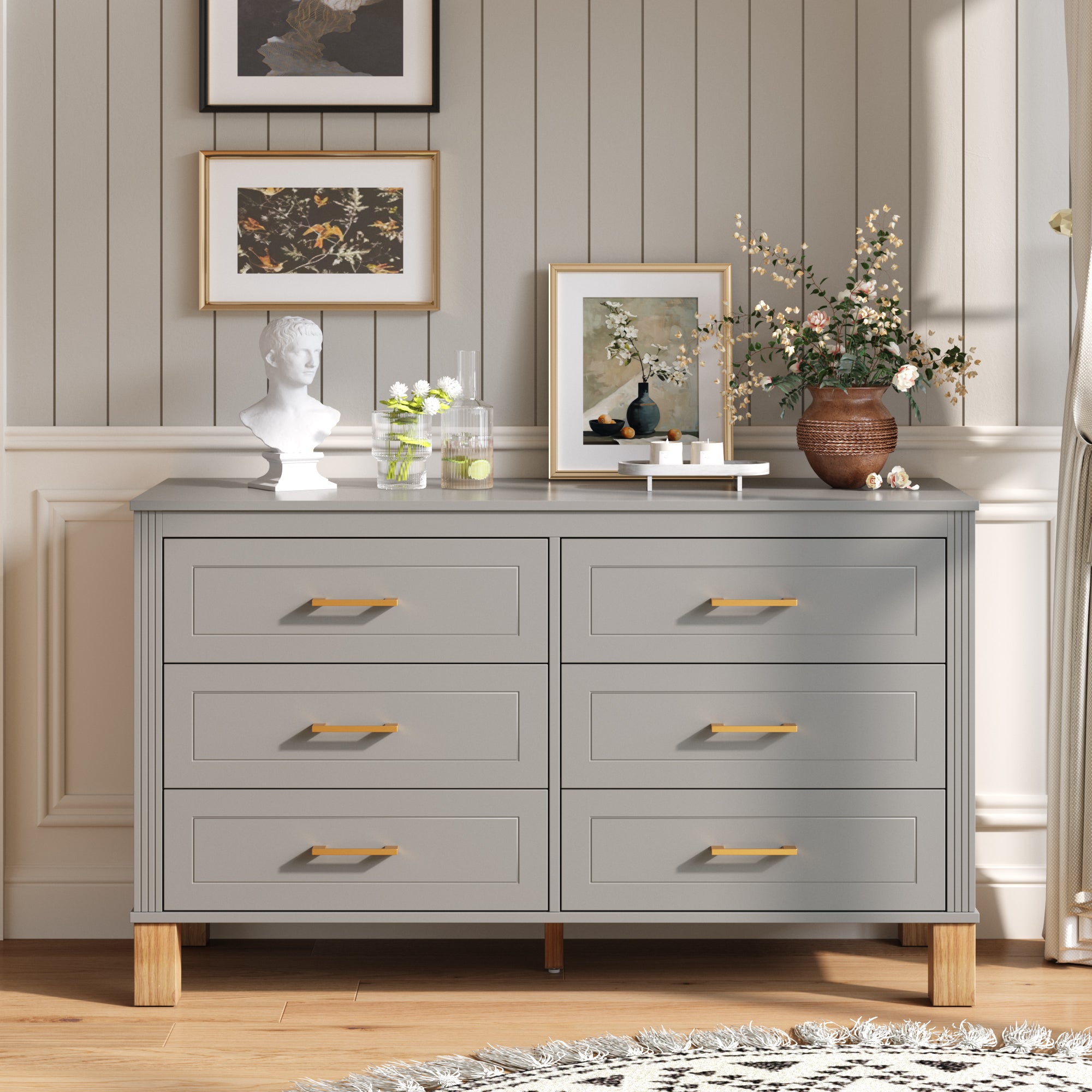 6-Drawer Double Dresser in Gray, Modern Storage Cabinet with Metal Handles & Solid Wood Legs, Dresser Drawer Organizer for Kids Bedroom, Heavy-Duty Wooden Dresser with Pre-Installed Main image