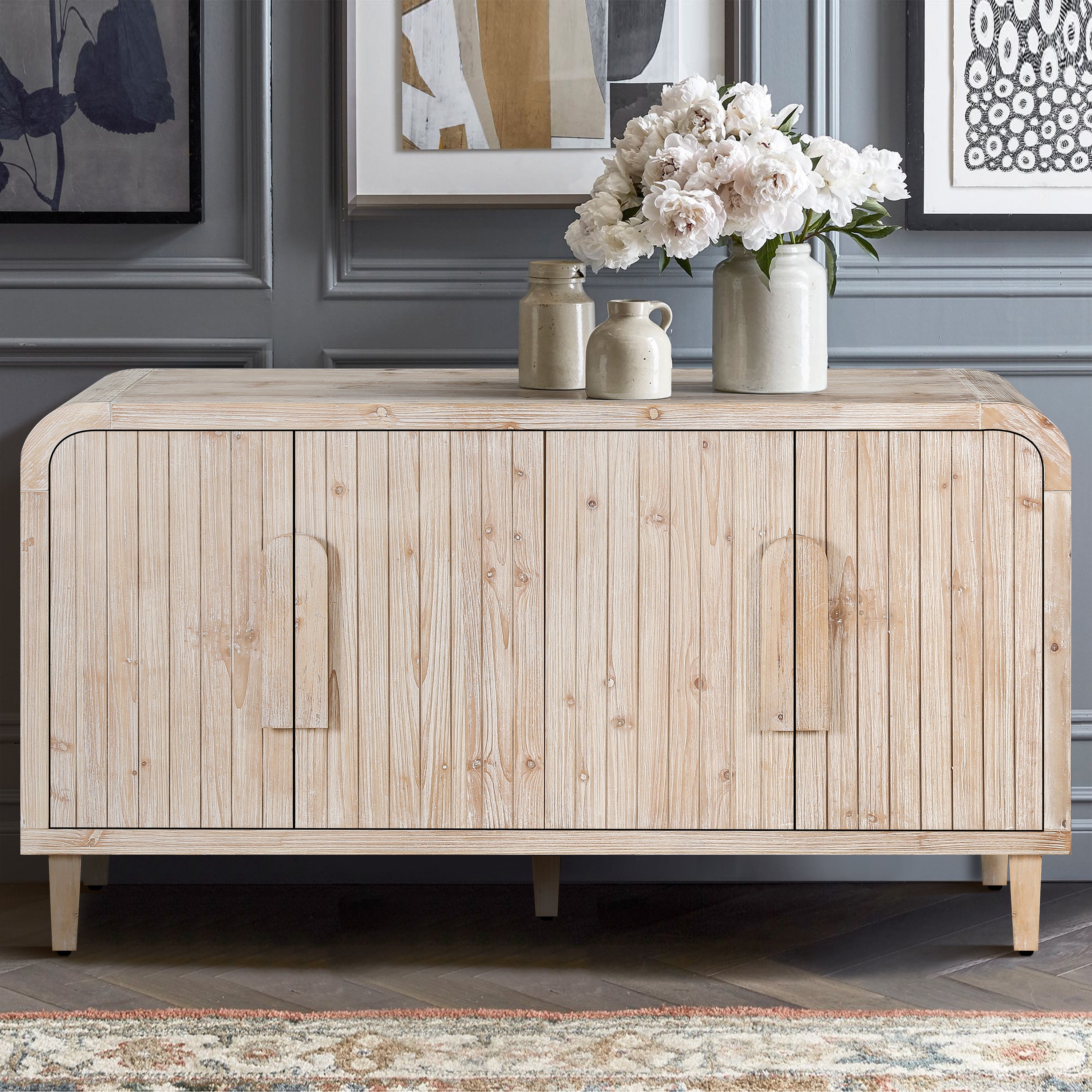 59'' Farmhouse Curved Vintage Storage Sideboard with Large Wooden Handles, Vertical Wood Grain Carving and Adjustable Shelves for Kitchen,Dining Room (Natural Wood Washed) Secondary image