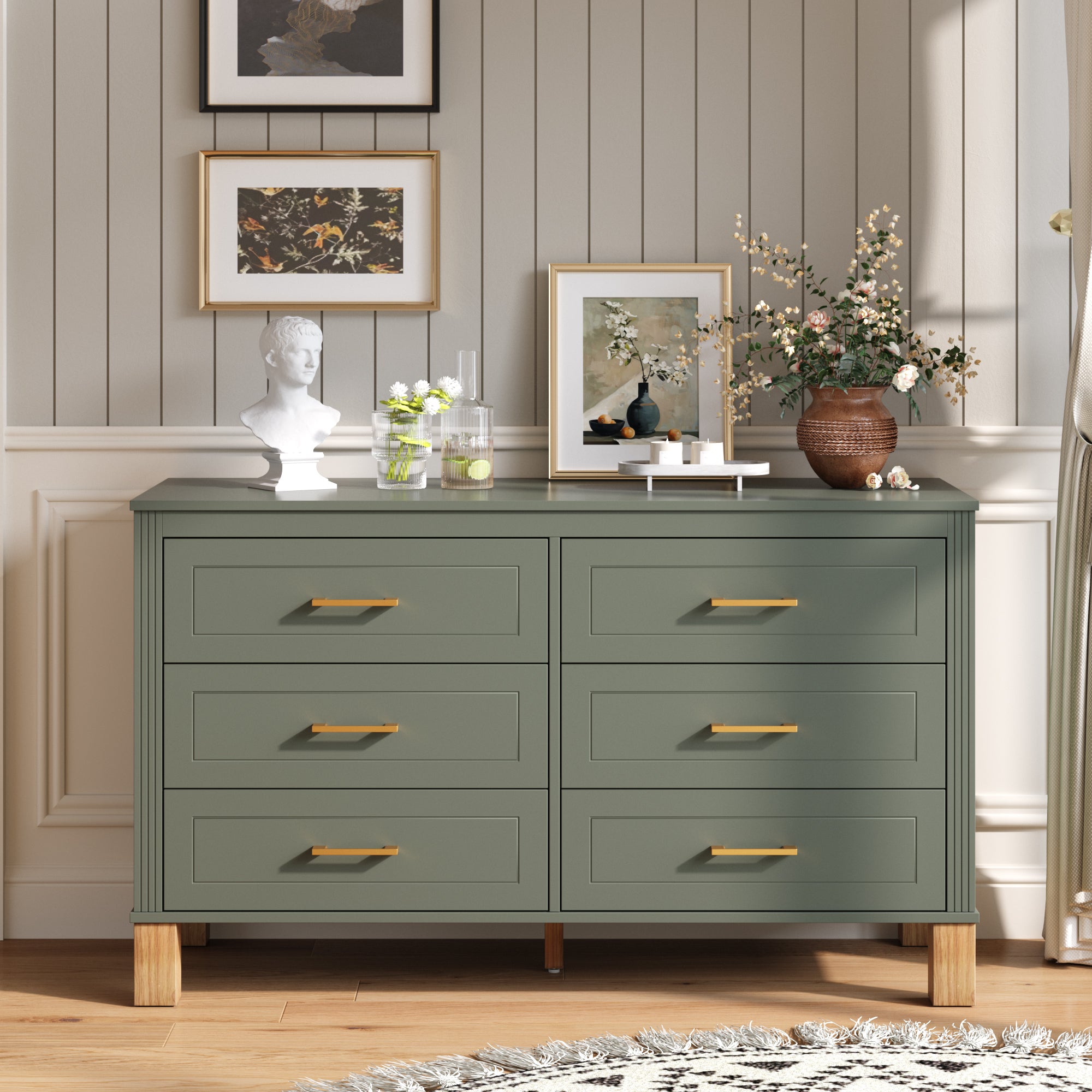 6-Drawer Double Dresser in Olive, Modern Storage Cabinet with Metal Handles & Solid Wood Legs, Dresser Drawer Organizer for Kids Bedroom, Heavy-Duty Wooden Dresser with Pre-Installed Main image