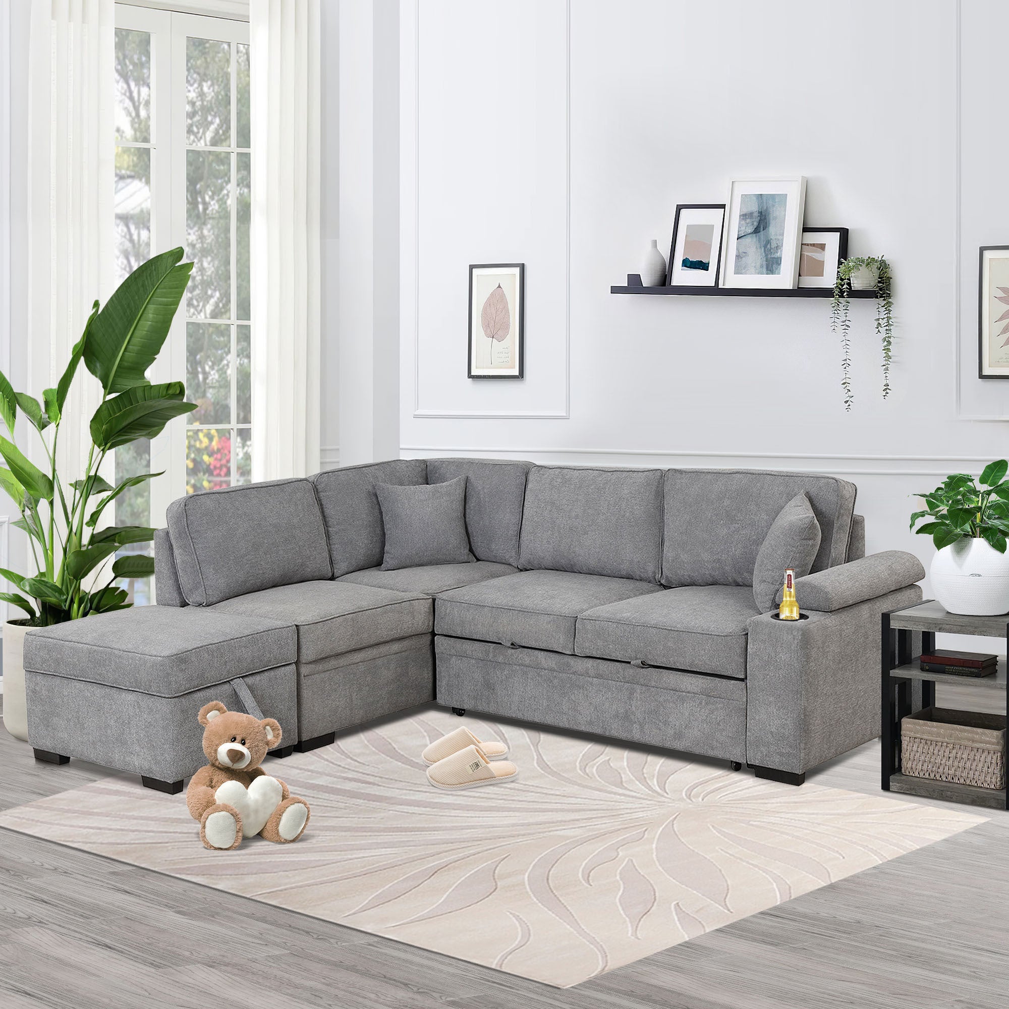 Modern Sleeper Sofa Bed with Storage Ottoman, Gray Linen, 84.75' L Shape Couch for Living Room or Apartment Secondary image