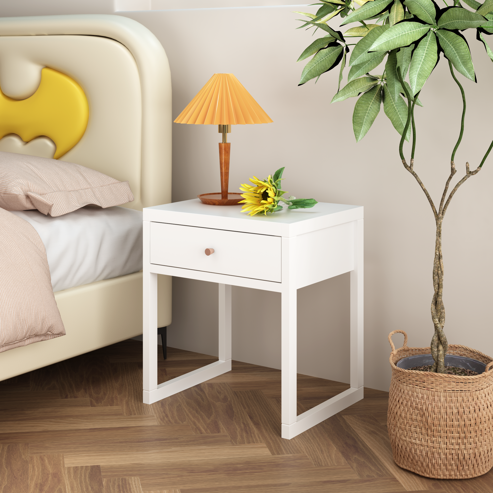 Modern White Nightstand with Drawer, Minimalist Bedside Table in White Finish, Engineered Wood with Wood Knob, Compact End Table for Bedroom or Small Space, Easy Assembly Secondary image