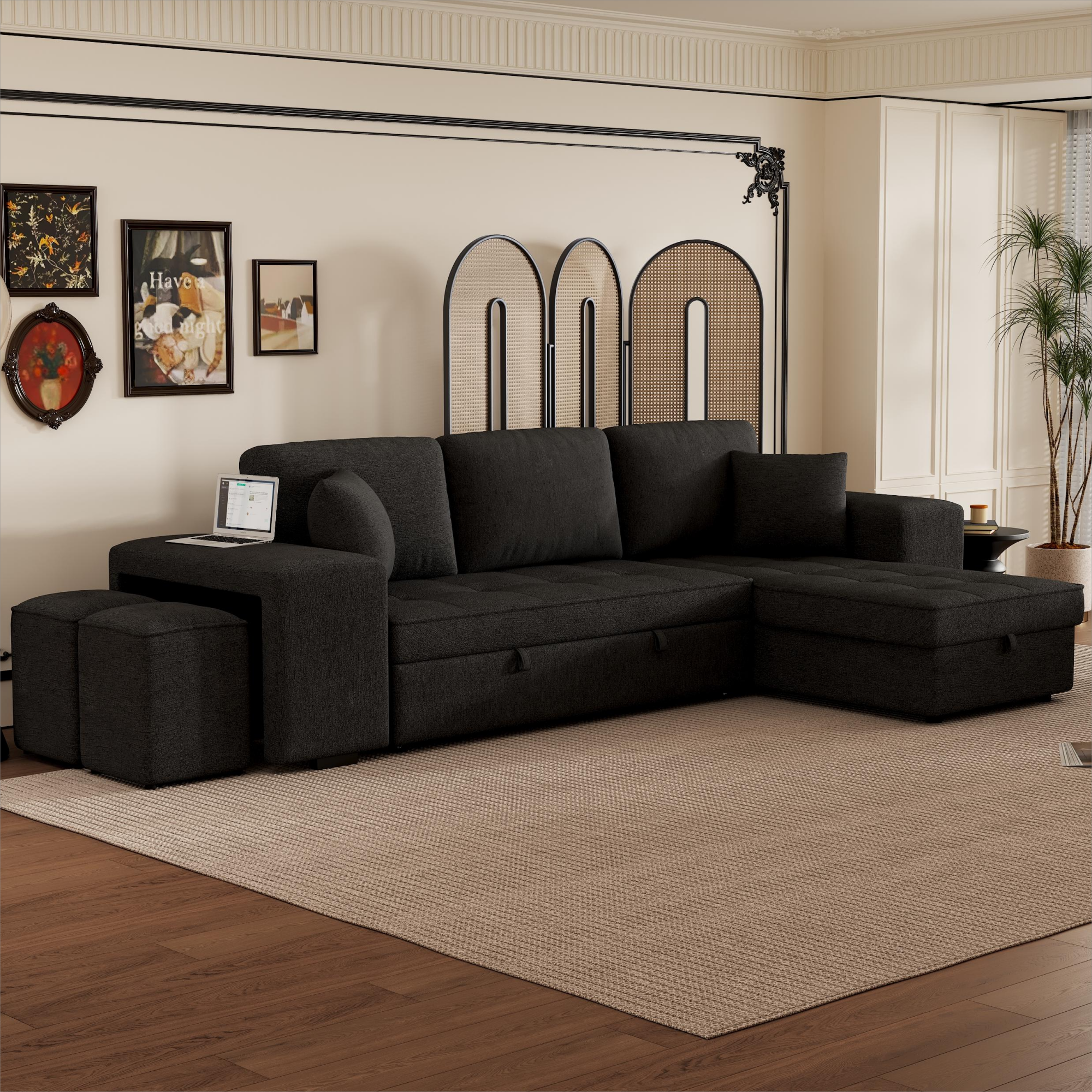 Modern L-Shape 3 Seat Reversible Sectional Couch with Pull Out Sleeper Sofa, Storage Chaise, 2 Stools, Charcoal Grey, Linen Chenille Secondary image