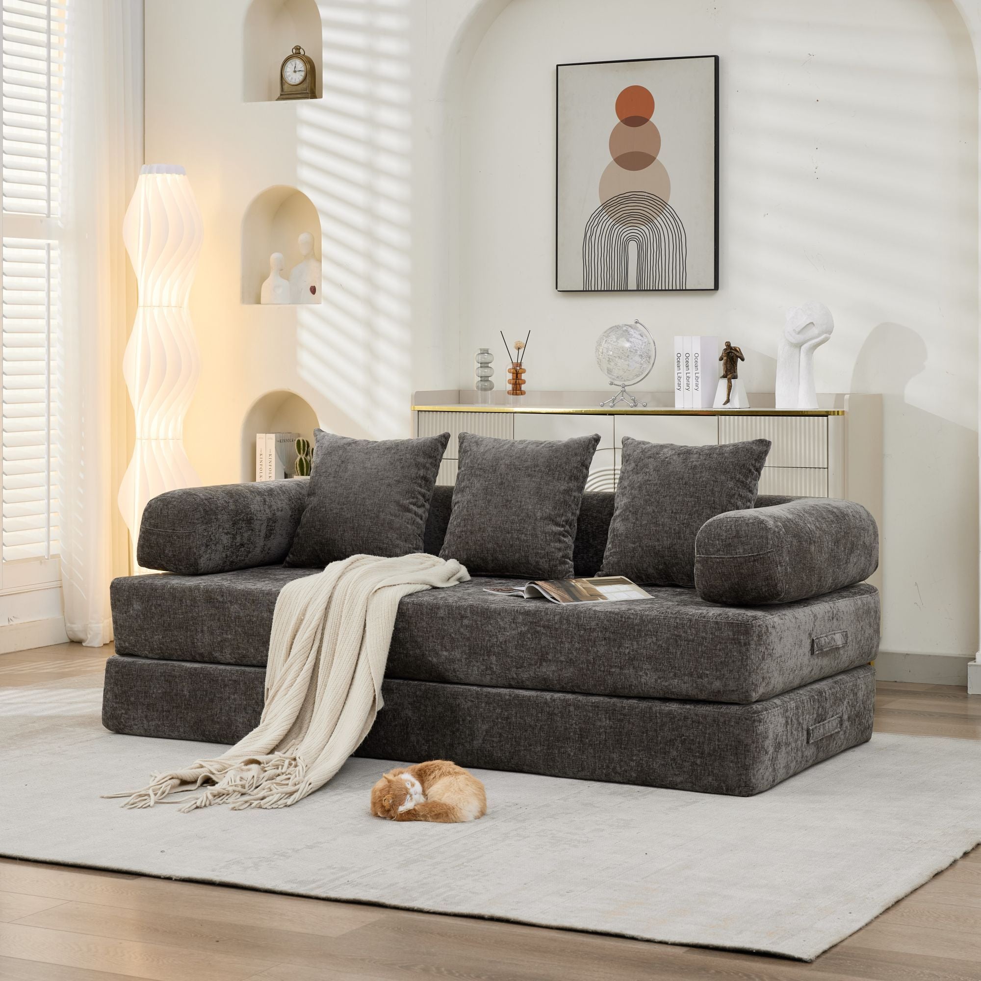 Comfy Convertible Folding Mattress Couch, Floor Sofa Bed, Chenille Floor Sofa with Armrest, Floor Sofa Lounge Couch for Living Room Bedroom Lounge Studio-Gray,SF503GY Main image