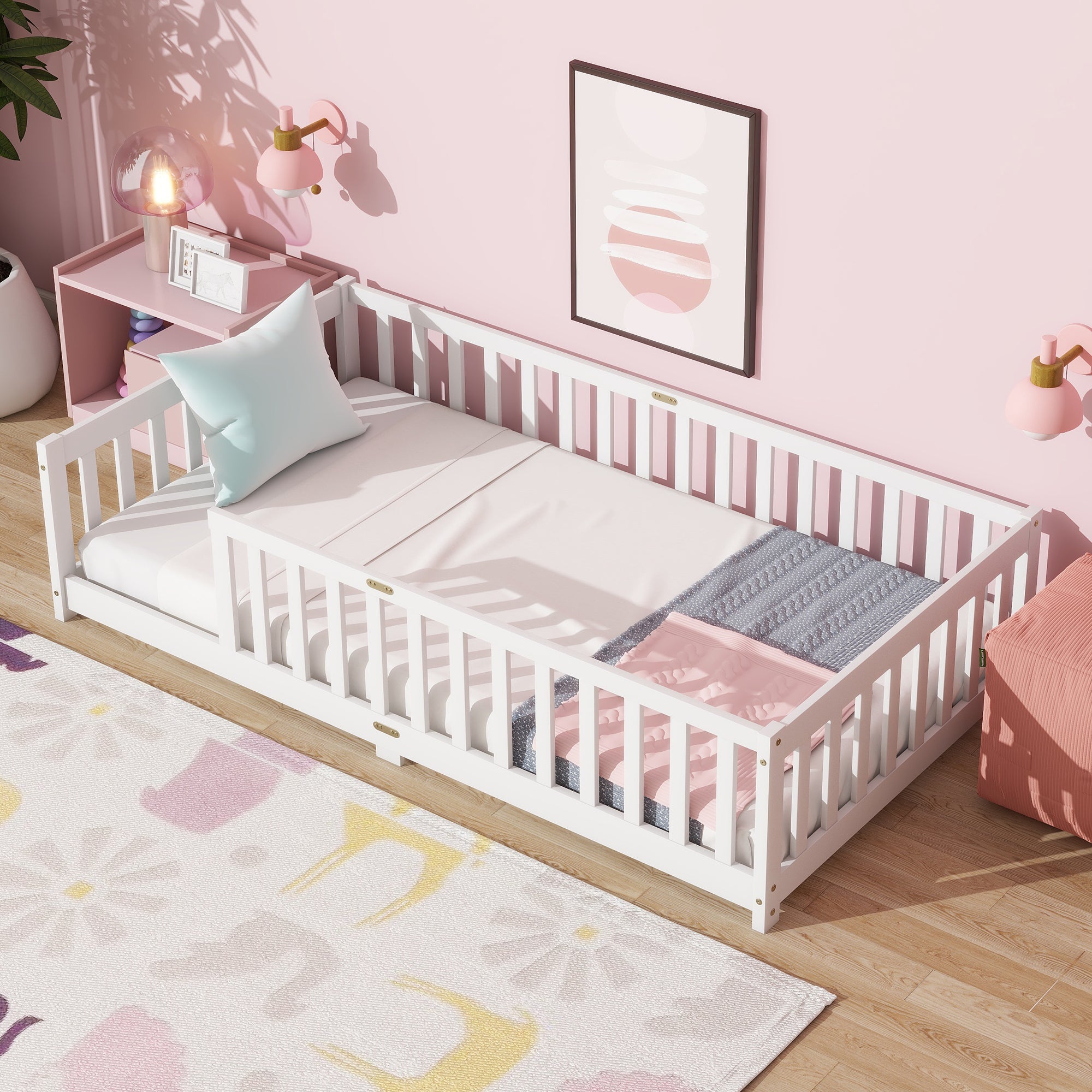 Twin Size Floor Bed with Fence without Door, Rubber Wood Floor Bed with Safety Guardrails,White Main image