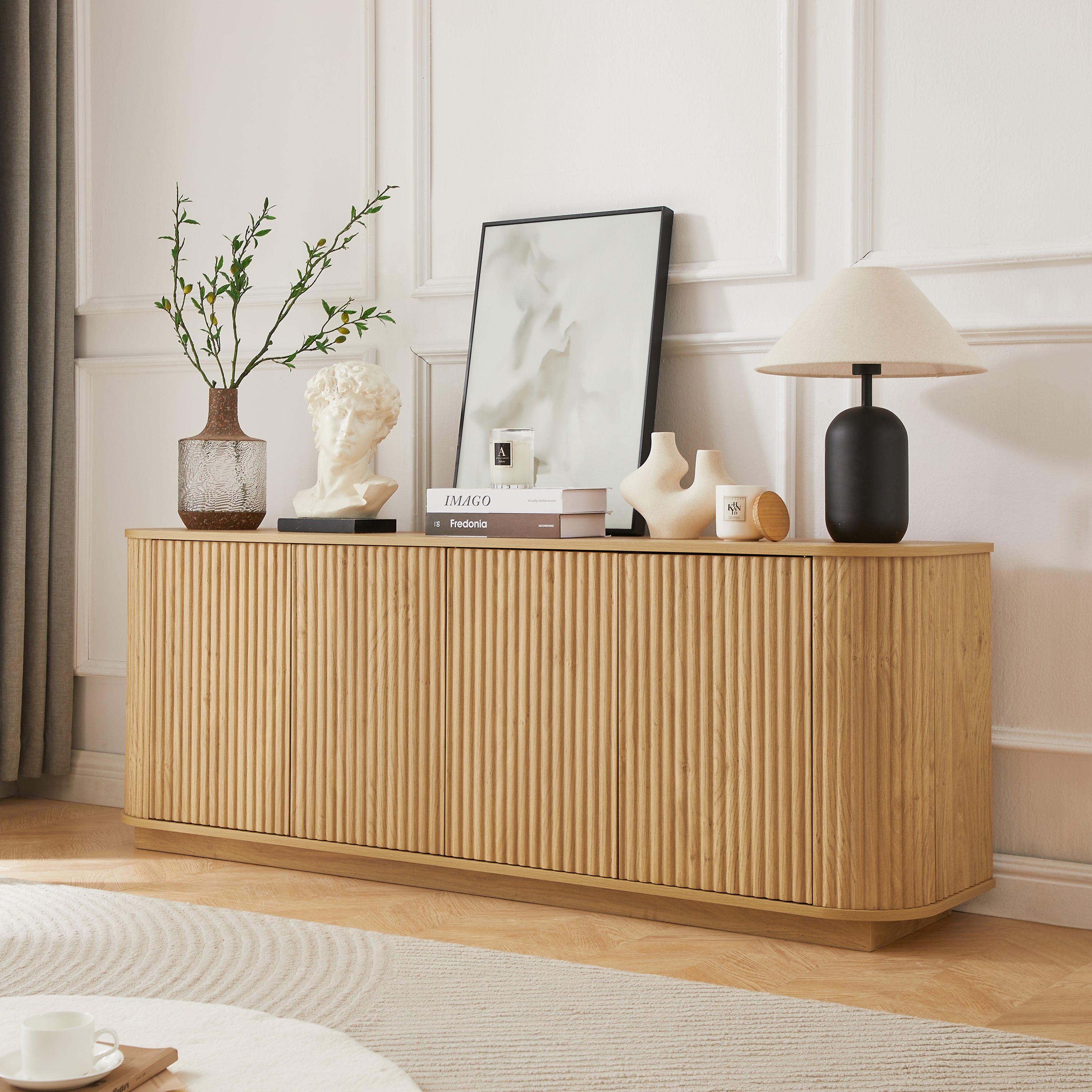 Sideboard Storage Cabinet TV Stand with wave pattern Buffet Cabinet Wooden Vertical Striped Cabinet for Kitchen/Bedroom/Entryway. Natural, 64''W x 15''D x 24''H. Main image