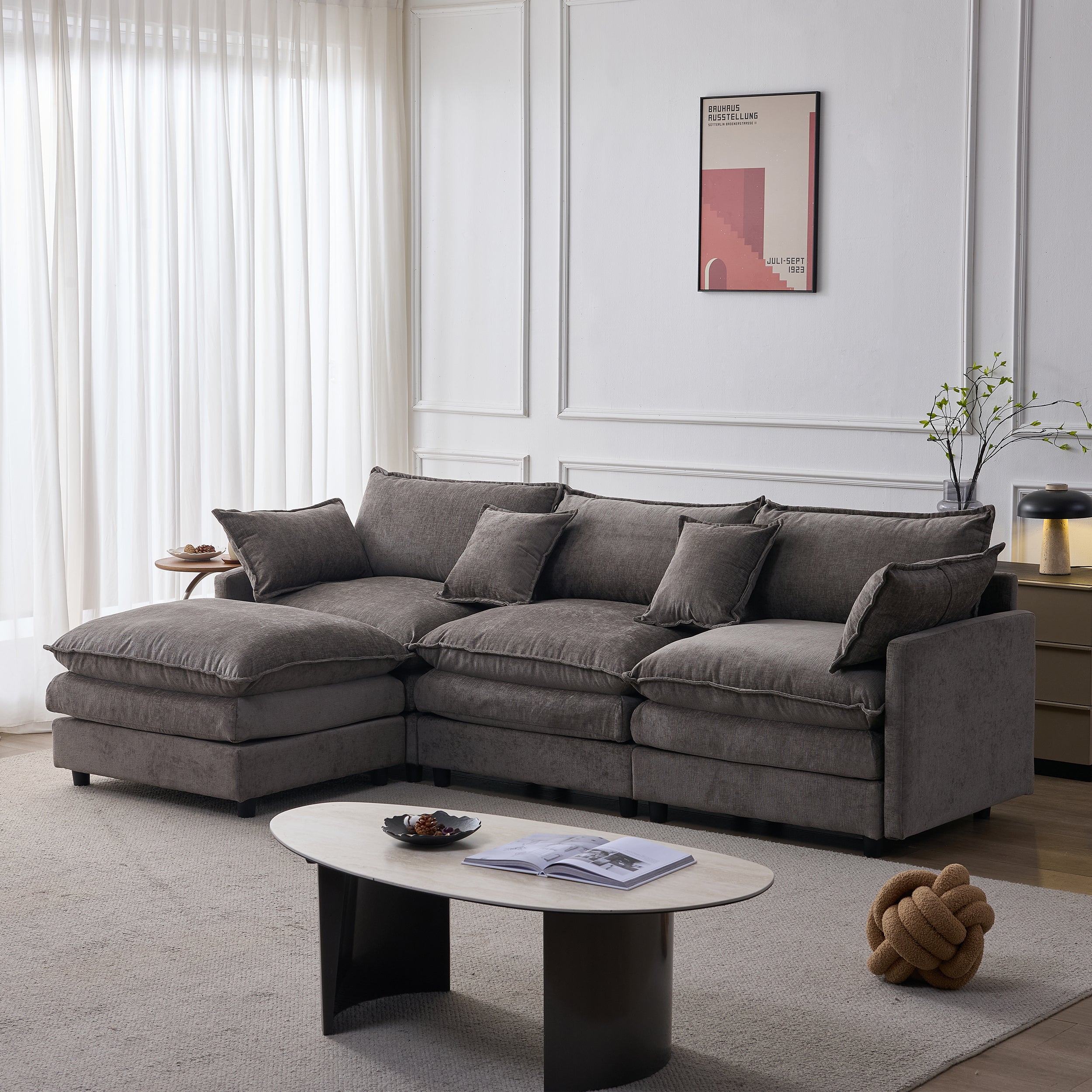 105' Modular Sectional Couch,Upholstered Soft Chenille Fabric Sofa,3 Seater with Ottoman L Shape Sofa Grey Secondary image