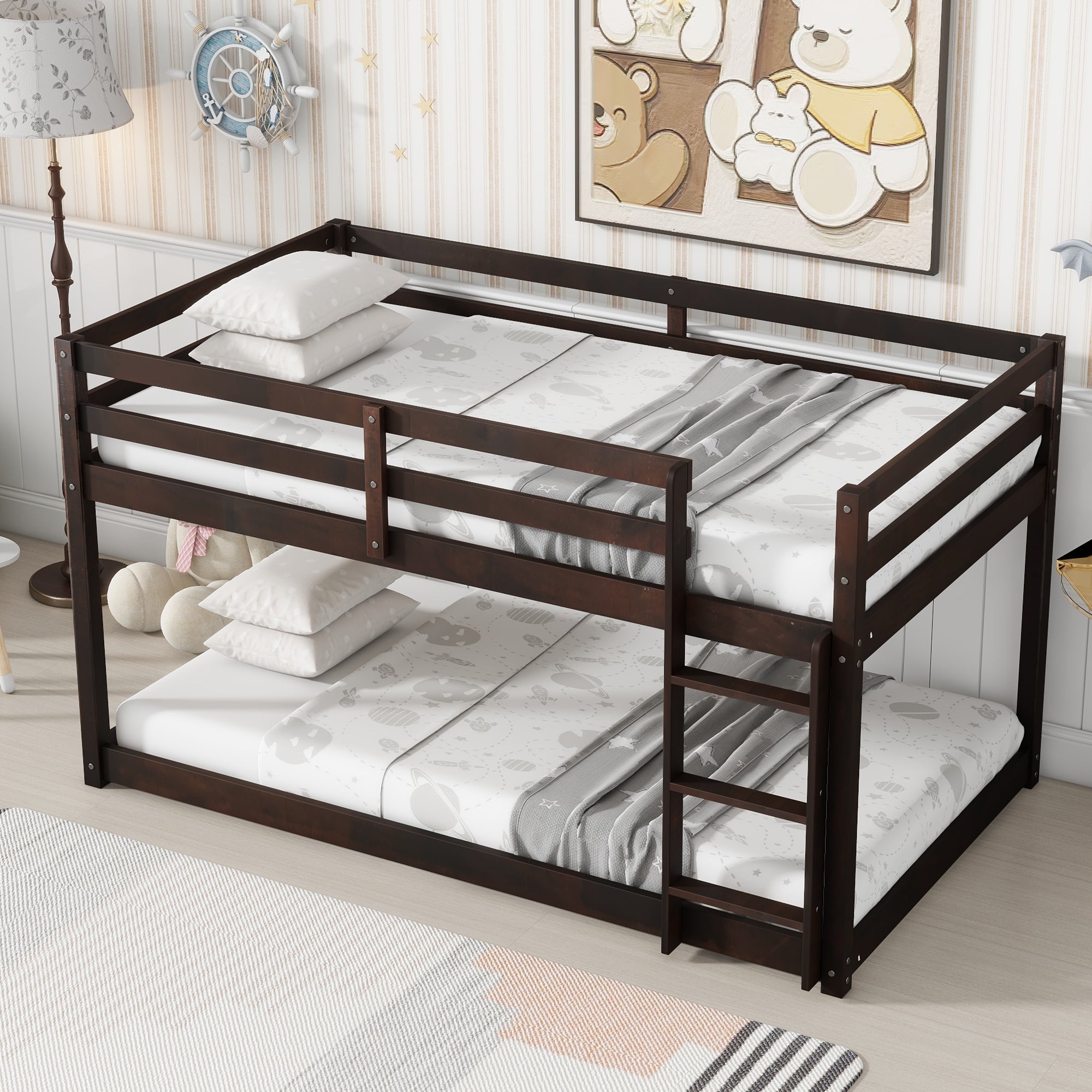 Solid Wooden, Solid Rubber Wooden Twin over Twin Floor Bunk Bed with Ladder, with Bed Platform of Strengthened Slats  , Espresso Secondary image