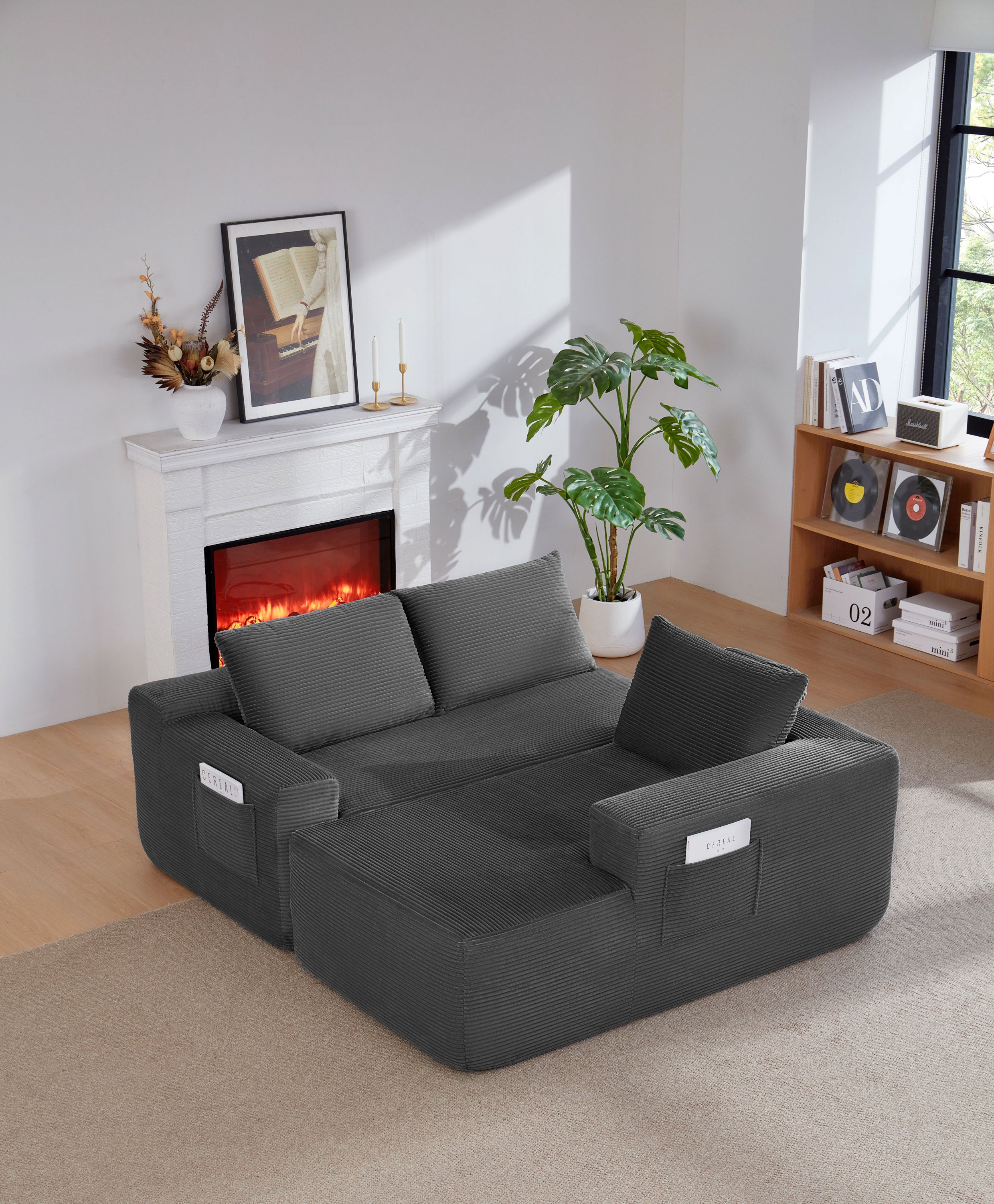 96.9'Compressible doubleCloud Sectional Couch with L-Shape Chaise,Modern Modular Sofa with Deep Seat,Upholstered Couches for Living Room Bedroom,No Assembly Required,(Plush Corduroy Fabric),Grey Right Main image